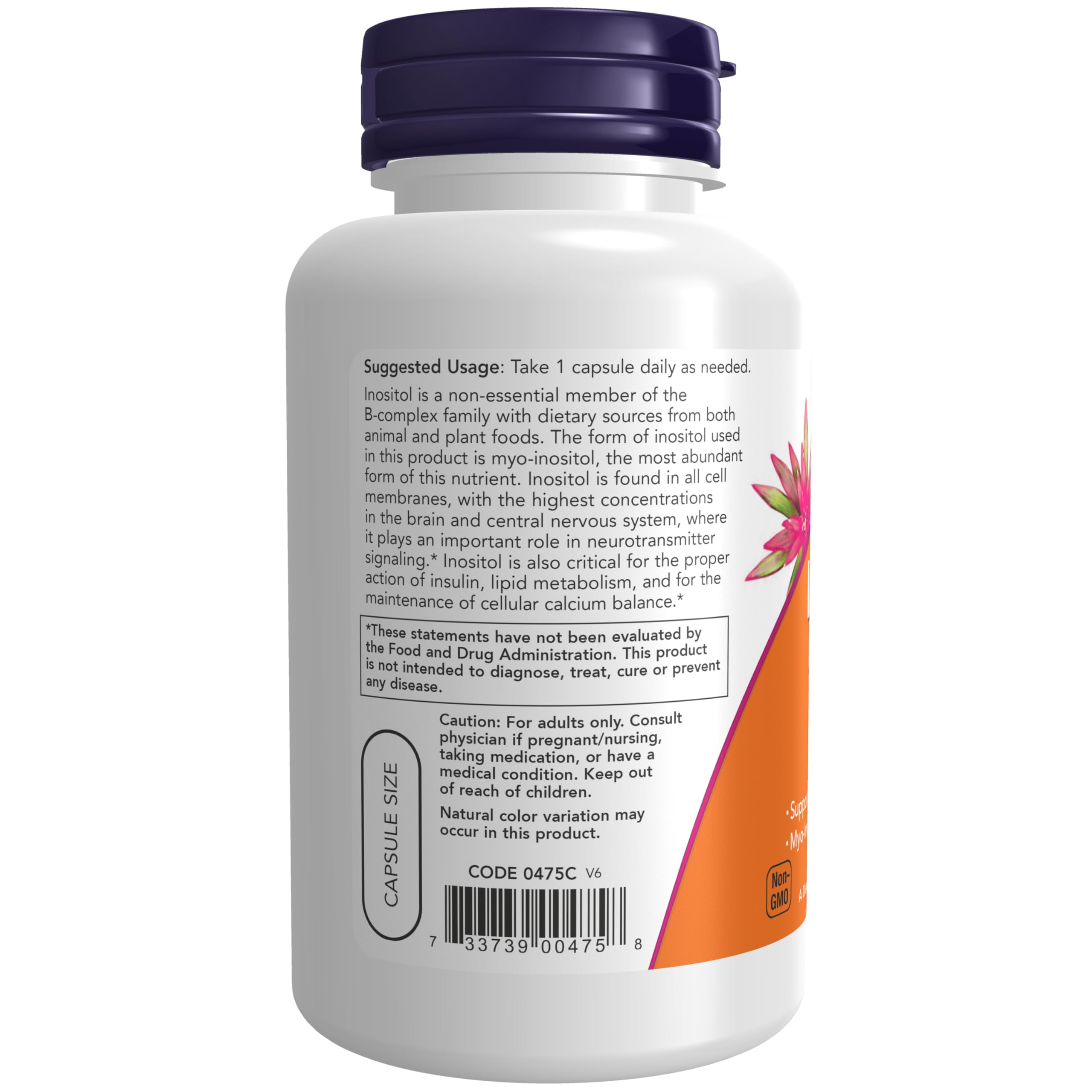 NOW Foods Inositol frasco con etiqueta, visual de la dosis diaria de 500 mg.