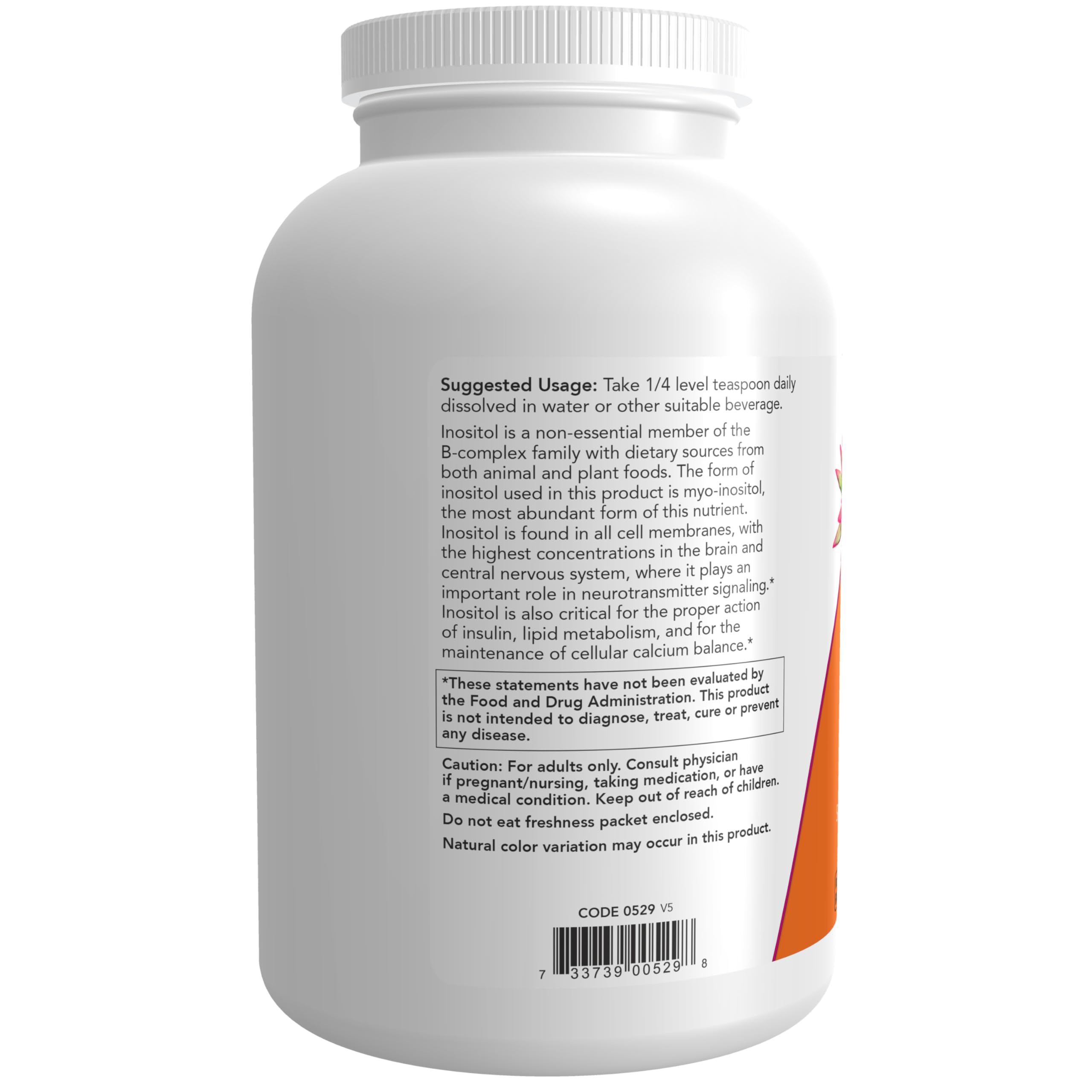 NOW Foods Inositol polvo, etiqueta clara, destacan certificaciones sin OGM y vegano