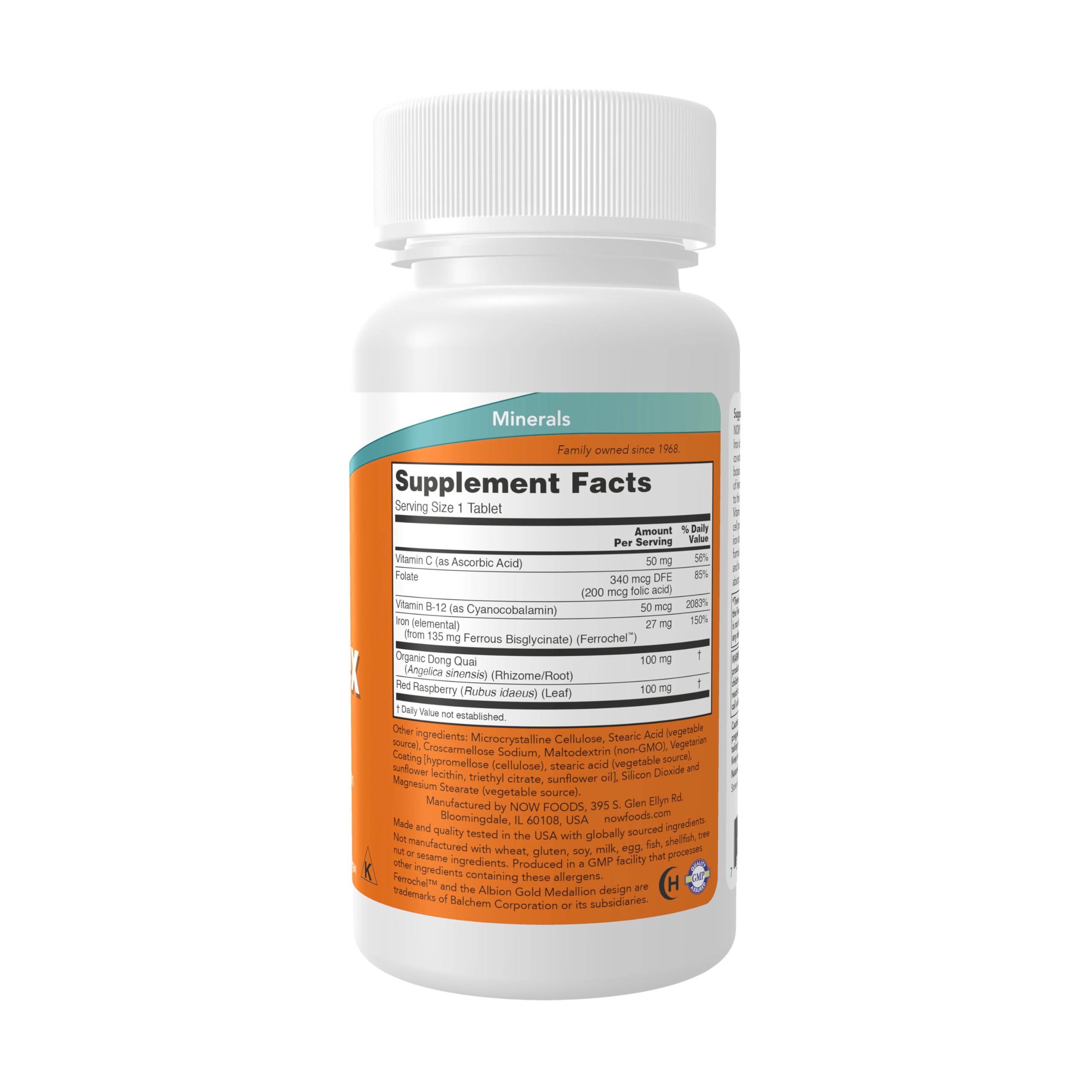 Tabletas de NOW Foods Iron Complex junto a un vaso de agua