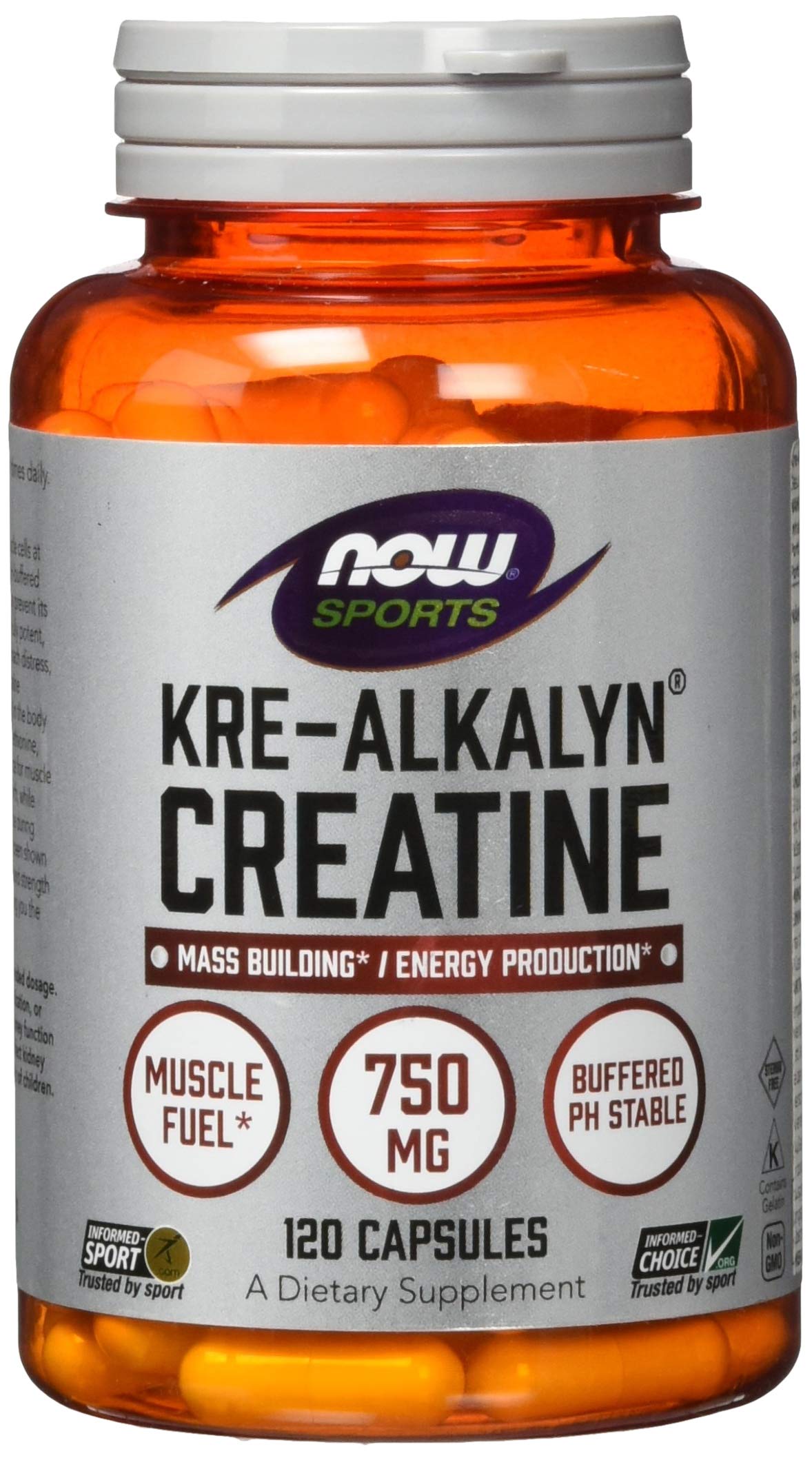 NOW Foods Kre-Alkalyn Creatine en frasco de cápsulas para uso diario y posible crecimiento muscular.