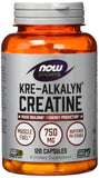 NOW Foods Kre-Alkalyn Creatine en frasco de cápsulas para uso diario y posible crecimiento muscular.