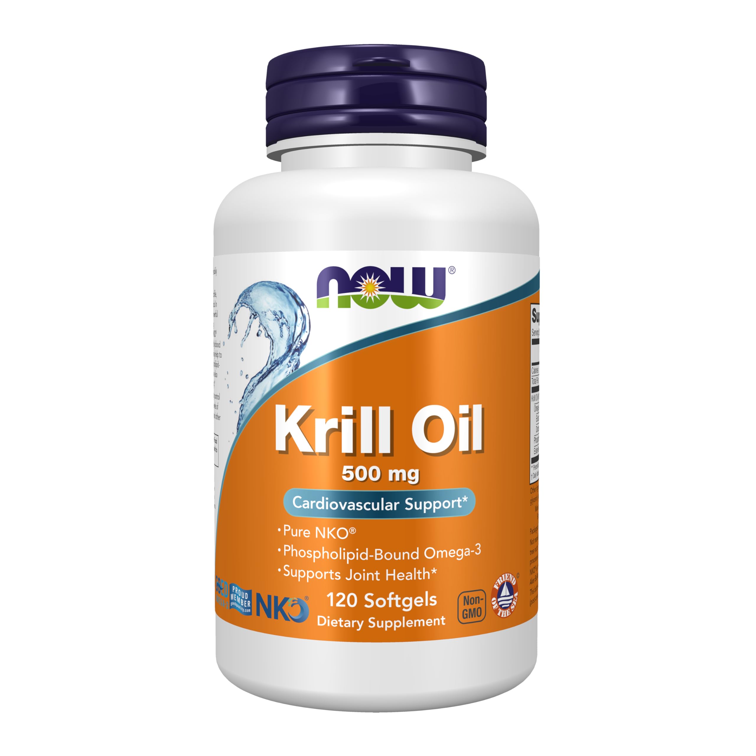 NOW Foods aceite de krill 500 mg en botella, apoyo potencial a la salud cardiovascular.