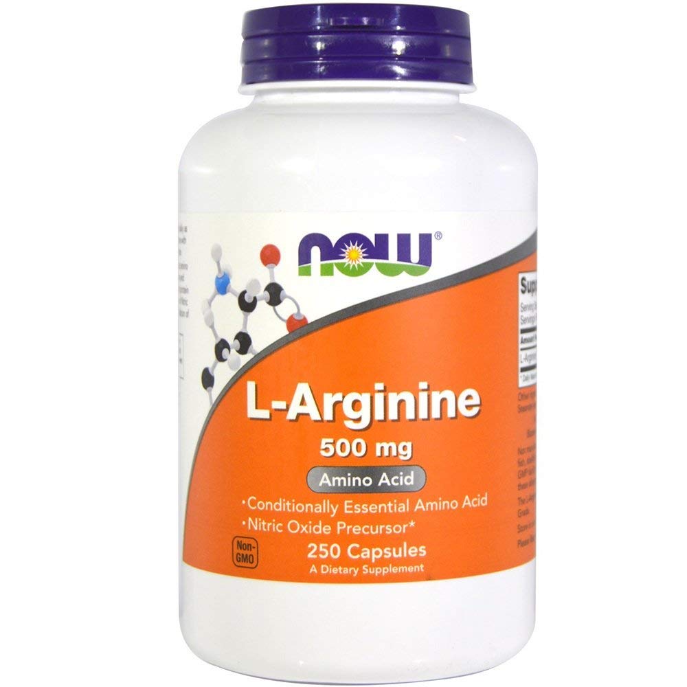 NOW Foods L-Arginina 500 mg, cápsulas vegetales; etiqueta visible; ideal para complementar entrenamientos