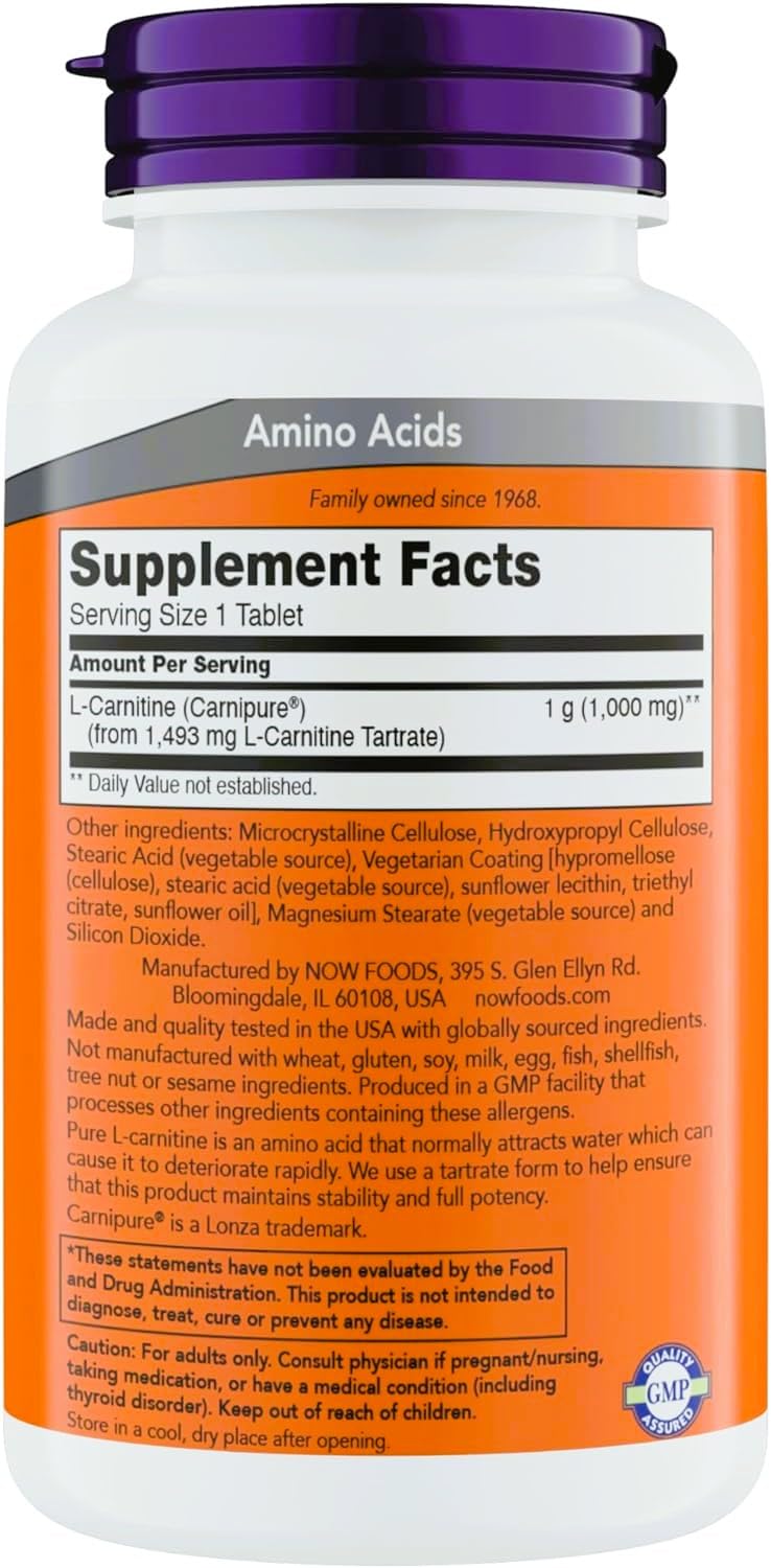 Etiqueta detallada de NOW Foods L-Carnitina 1000 mg para saber ingredientes