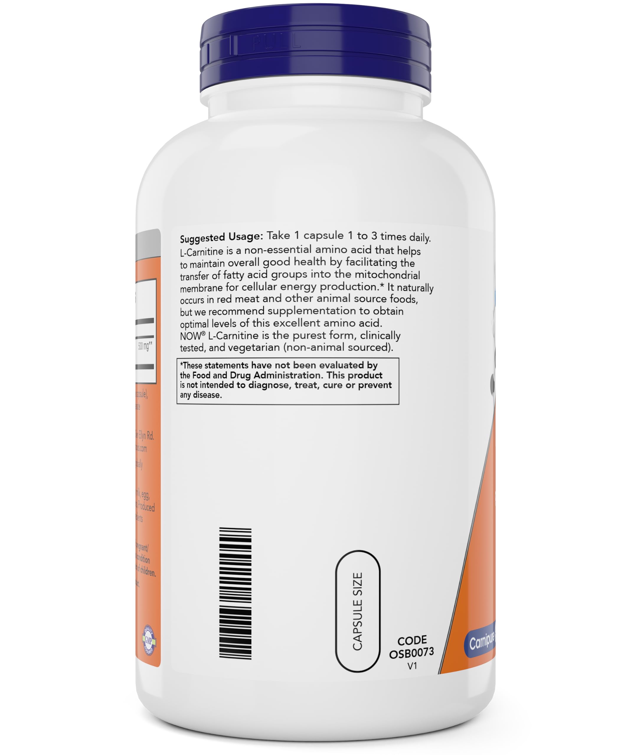 Envase de cápsulas NOW Foods L-Carnitina para uso diario