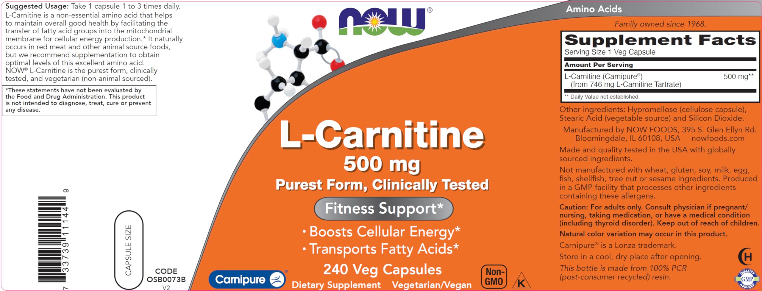 L-Carnitina NOW Foods tartrato de carnitina para rendimiento sostenido