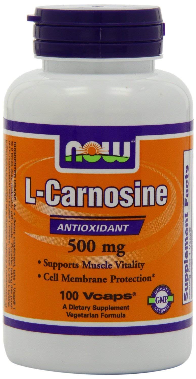 NOW Foods L-Carnosina 500 mg cápsulas veganas, apoyo antioxidante diario para la salud celular.