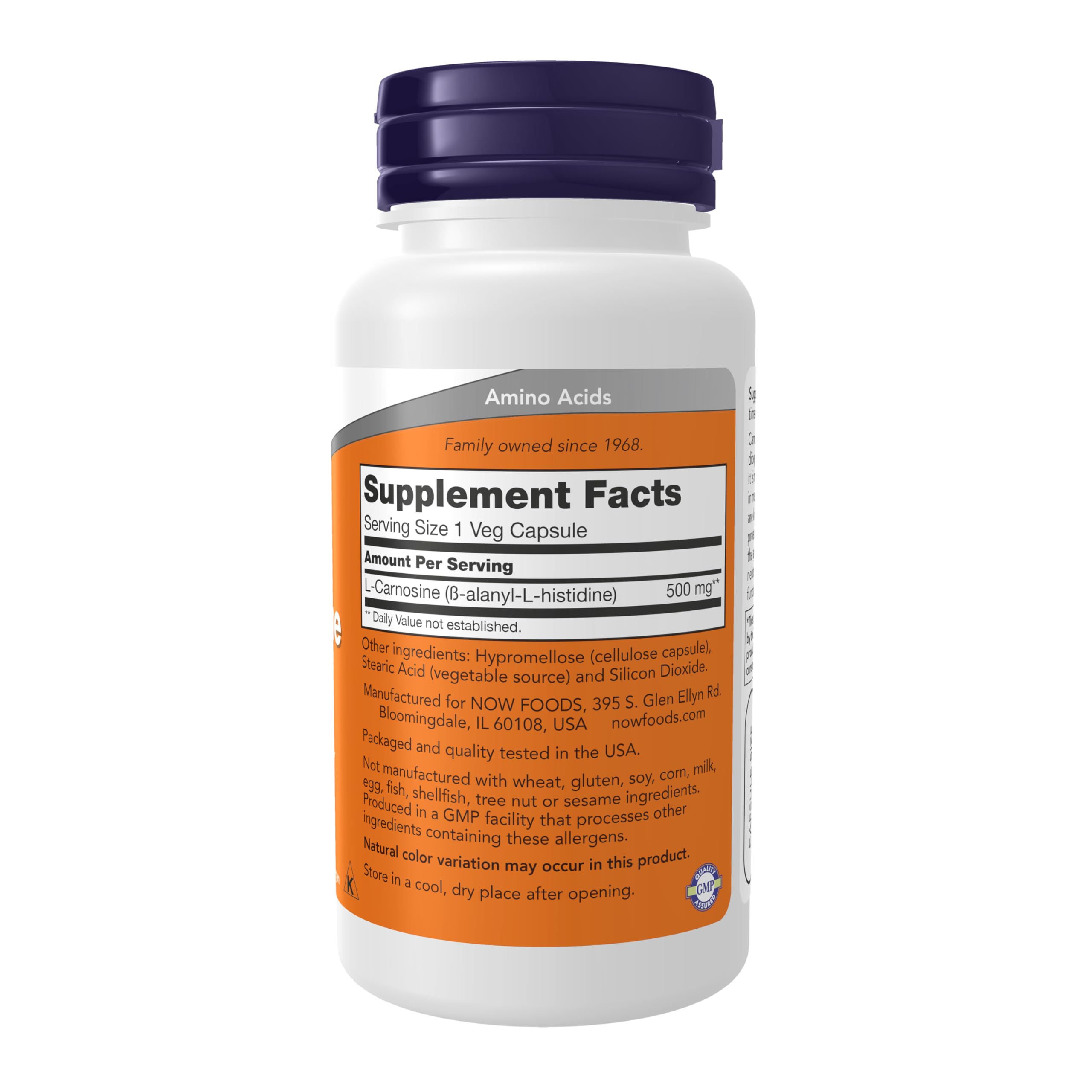 Etiqueta frontal de NOW Foods L-Carnosina 500 mg con información clara.