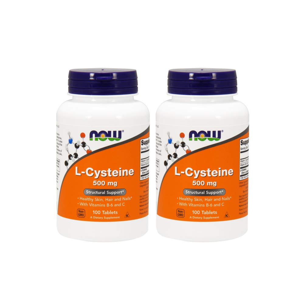 NOW Foods L-Cisteína 500 mg, botella con tabletas para apoyo diario de cabello y uñas.