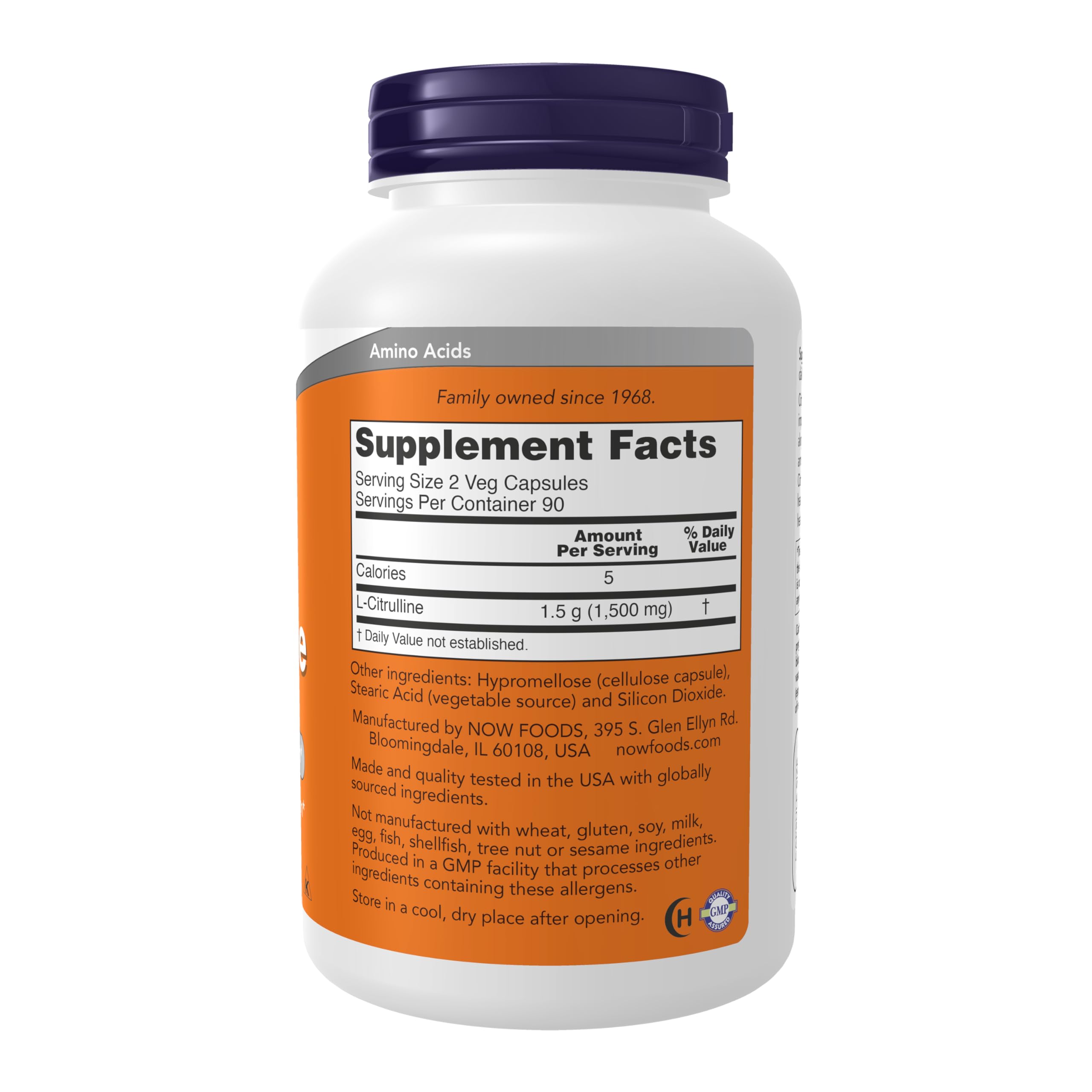 NOW Foods L-Citrulina 750 mg, etiqueta legible mostrando credenciales y calidad