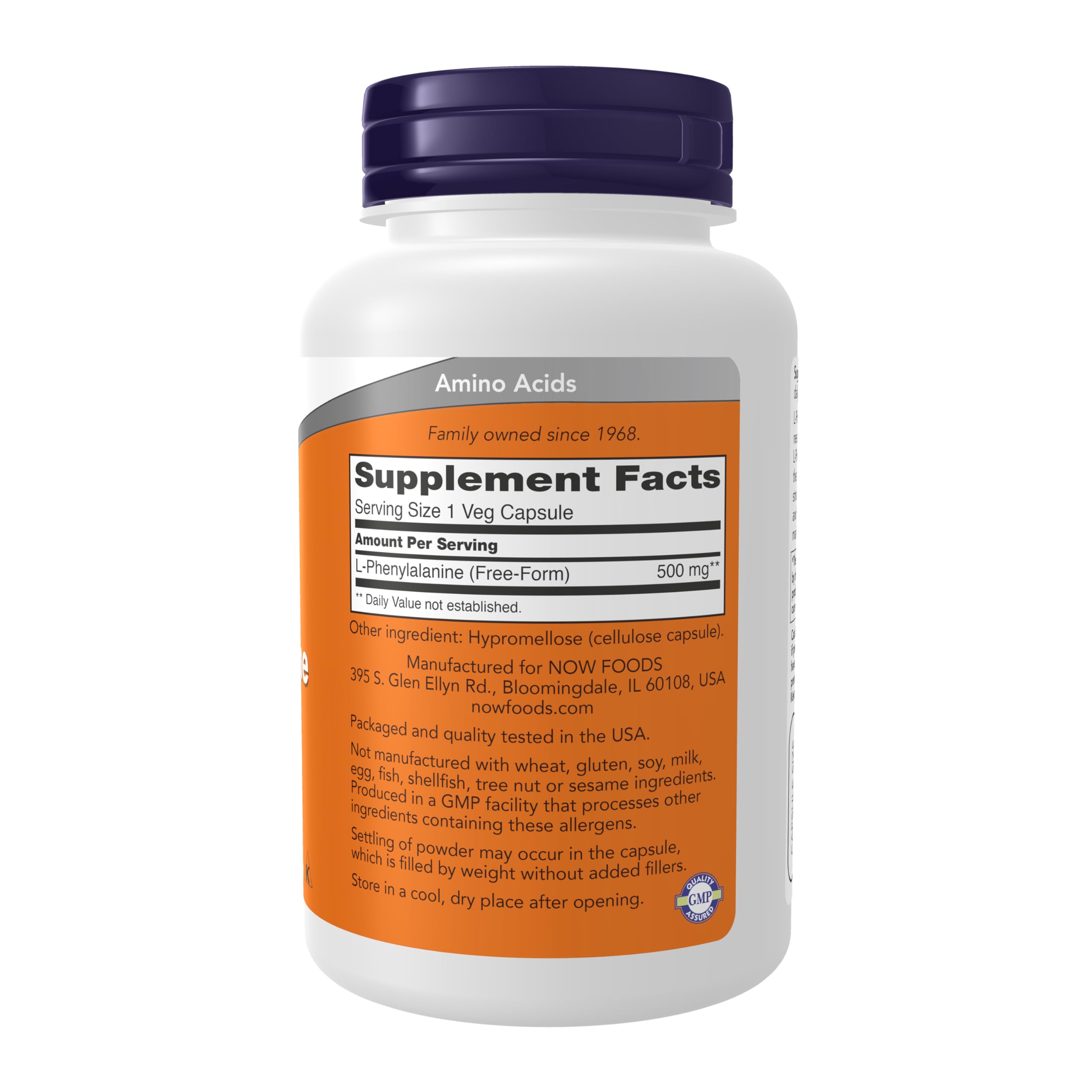 Envase VEGANO NOW Foods L-fenilalanina 500 mg para uso diario