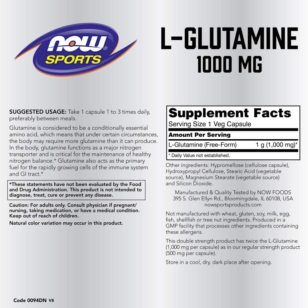 NOW Foods L-Glutamina 1,000 mg cápsulas: cápsulas para equilibrio de nitrógeno.