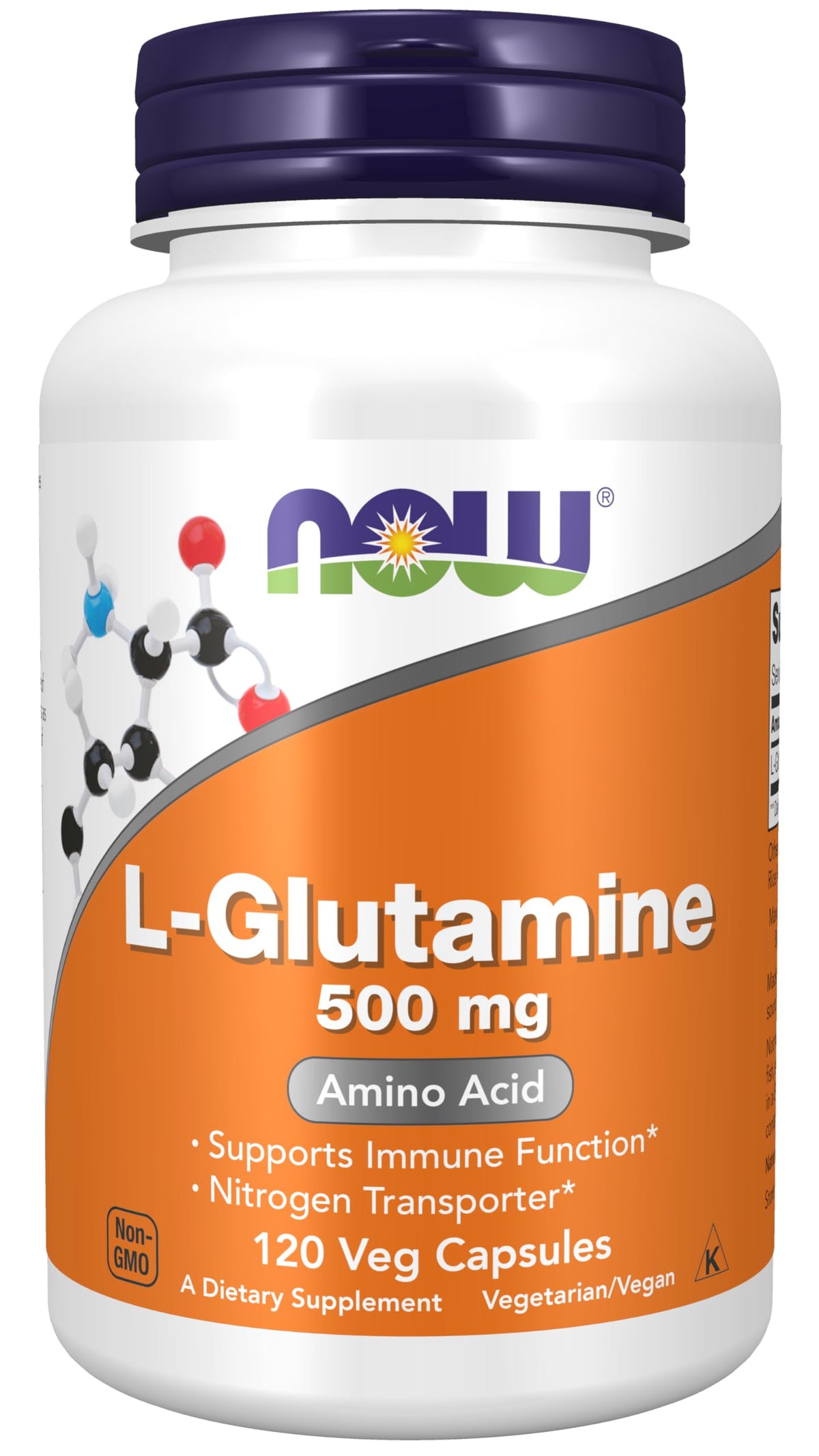 NOW Foods L-Glutamina 500 mg en cápsulas, apoyo al balance de nitrógeno diario.