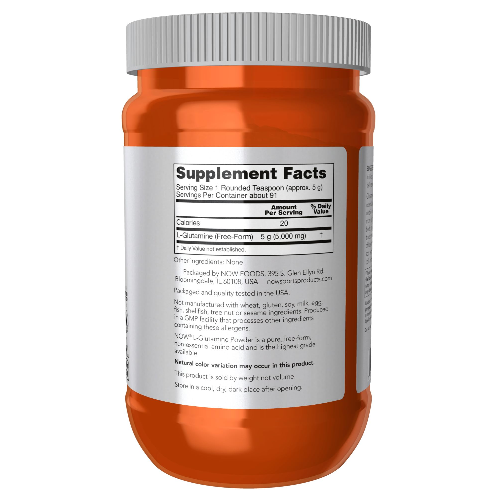 NOW Foods L-Glutamina Polvo en forma libre, ideal para flexibilidad de dosis.