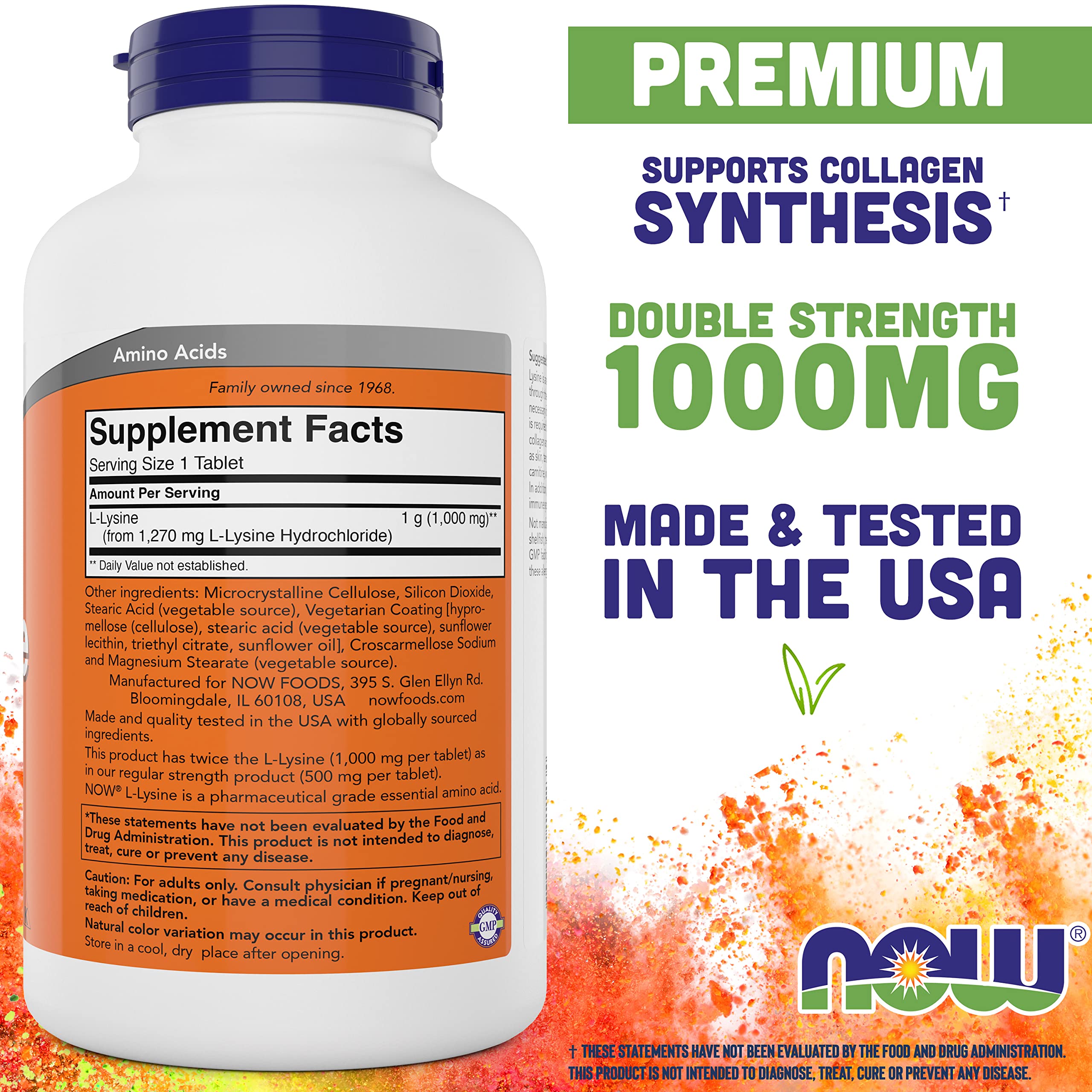NOW Foods L-Lisina 1000 mg, vista de la etiqueta y la información