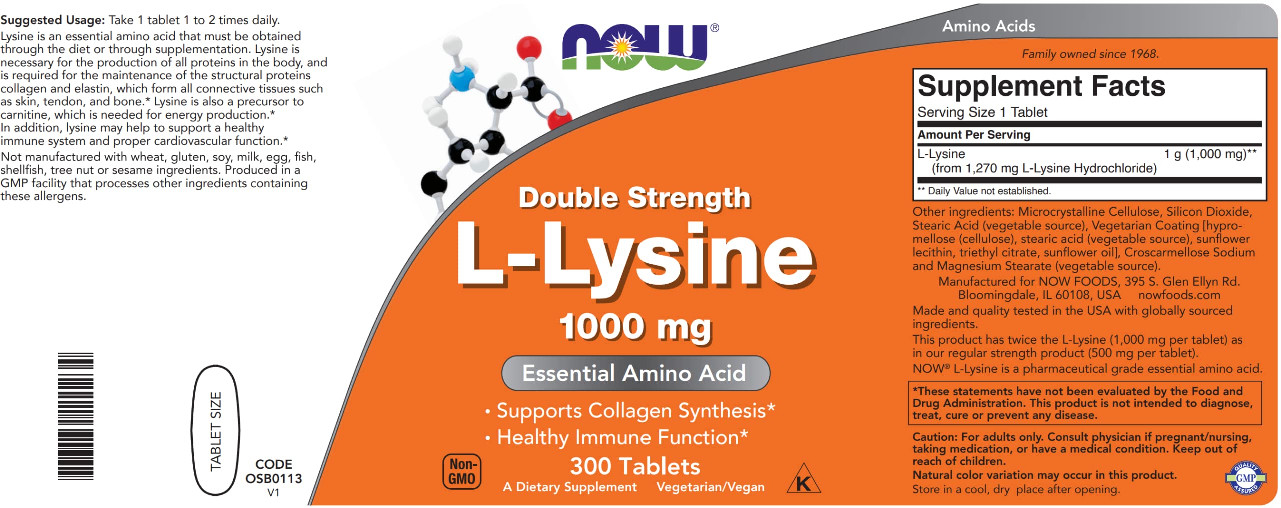 Etiqueta NOW Foods L-Lisina 1000 mg indica no transgénica y vegana