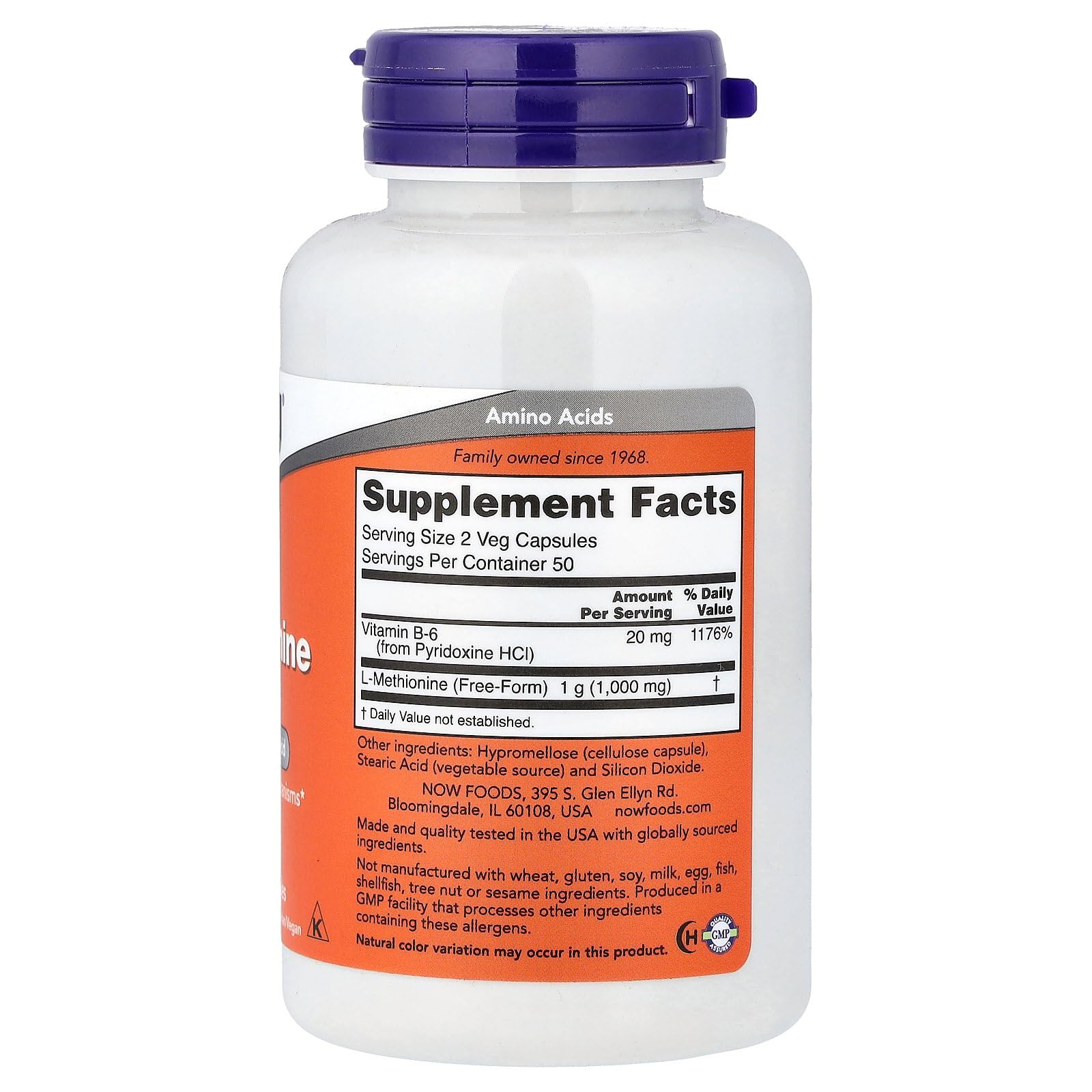 etiqueta frontal de NOW Foods L-metionina 500 mg muestra uso recomendado y beneficios potenciales