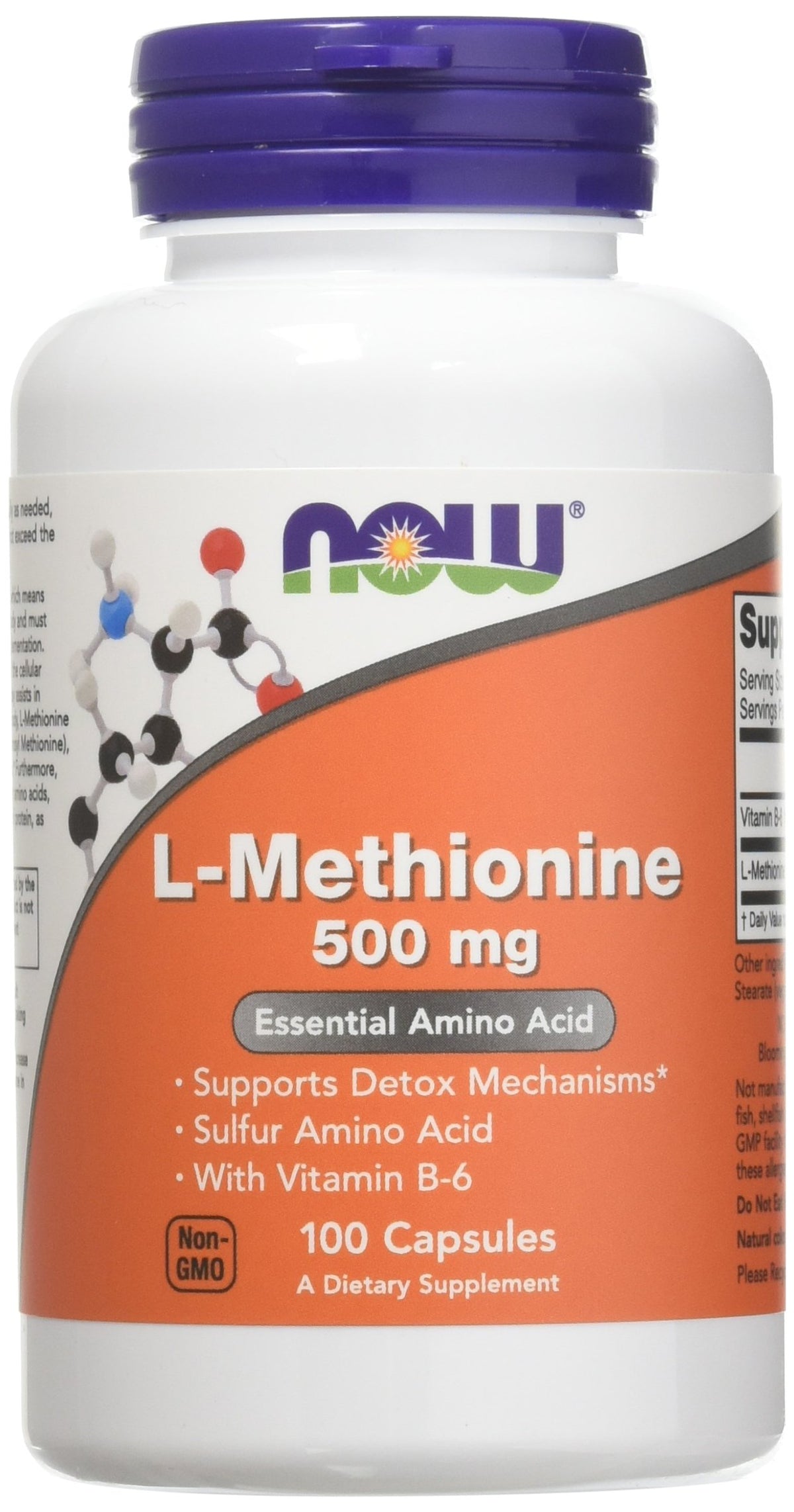 NOW Foods L-metionina 500 mg, botella frontal, apoyo a procesos naturales de desintoxicación.