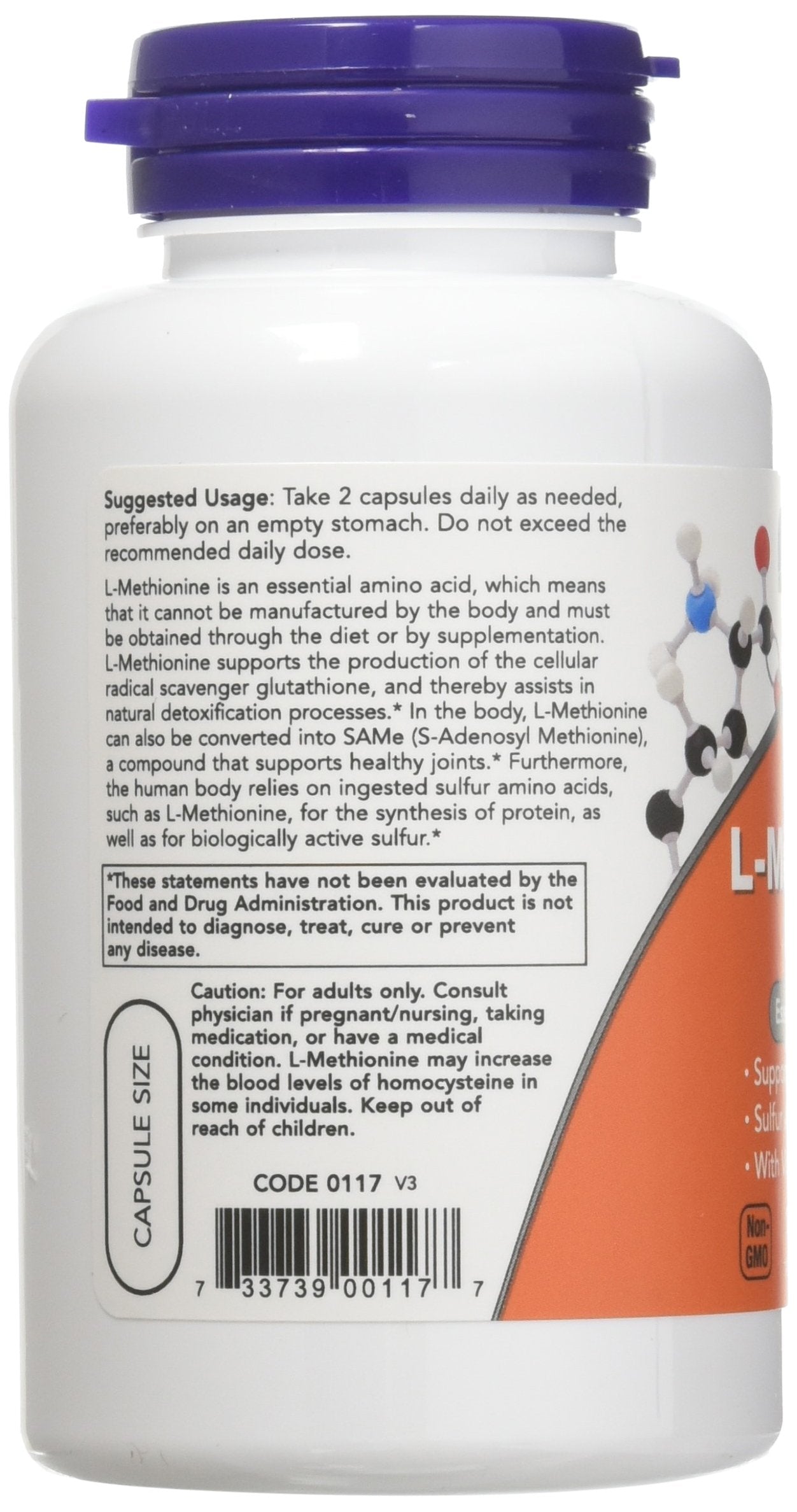 NOW Foods L-metionina 500 mg, cápsulas de cerca, visualización del producto y forma L natural.