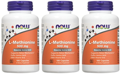 NOW Foods L-metionina 500 mg, etiqueta clara con información de ingredientes y uso recomendado.