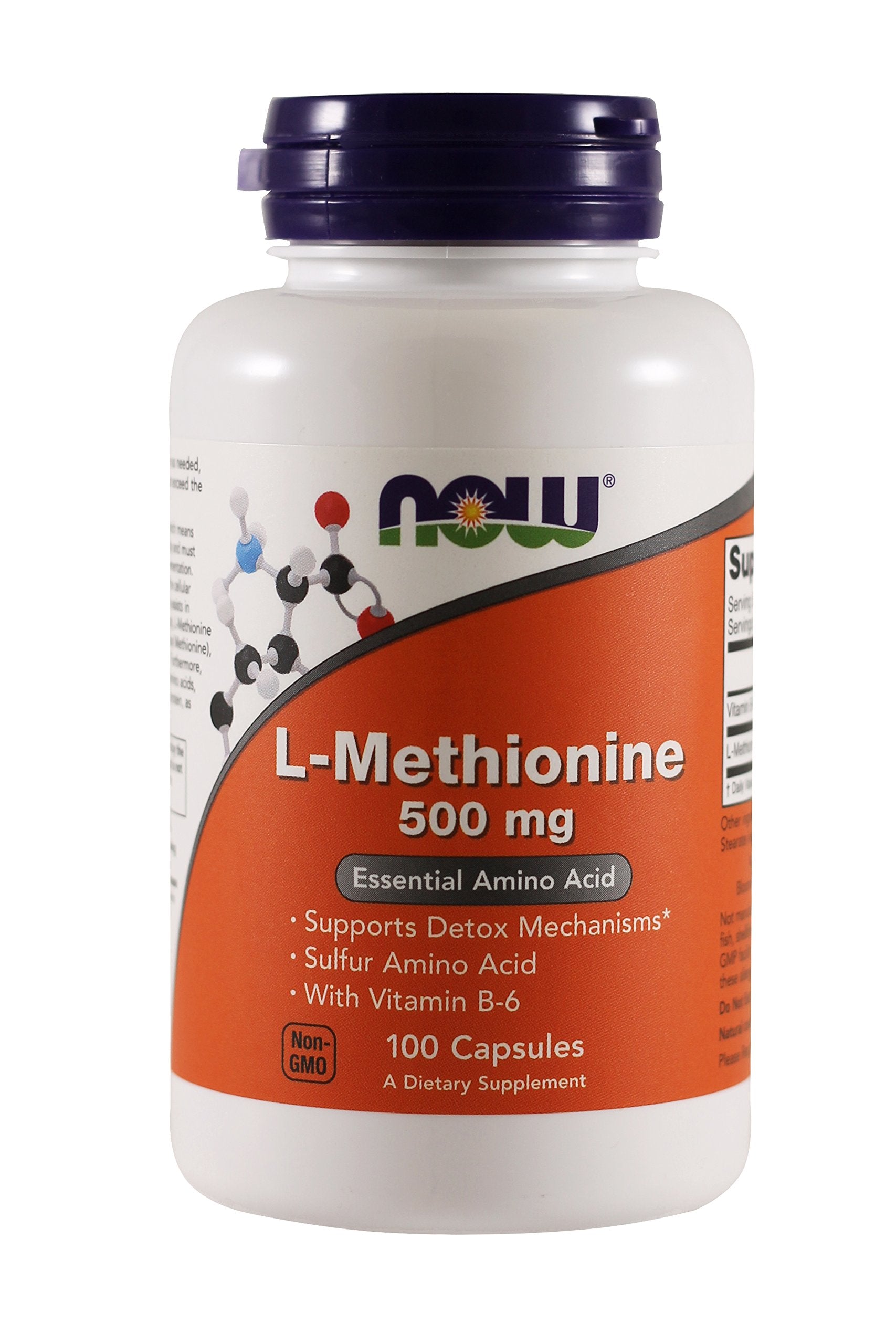 NOW Foods L-metionina: botella de cápsulas para apoyo natural de desintoxicación y salud articular.