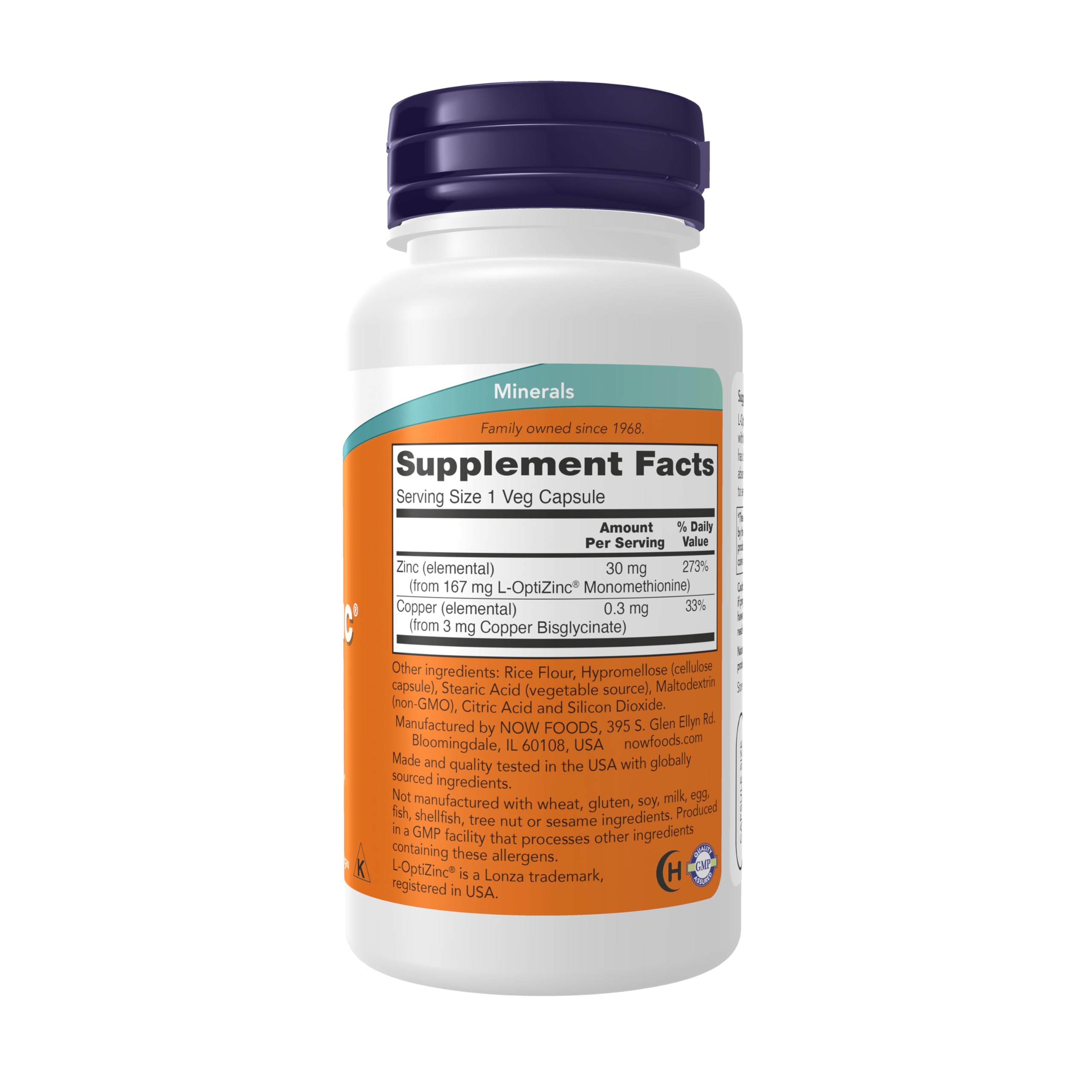 NOW Foods L-OptiZinc 30 mg en cápsulas con absorción alta para uso diario.