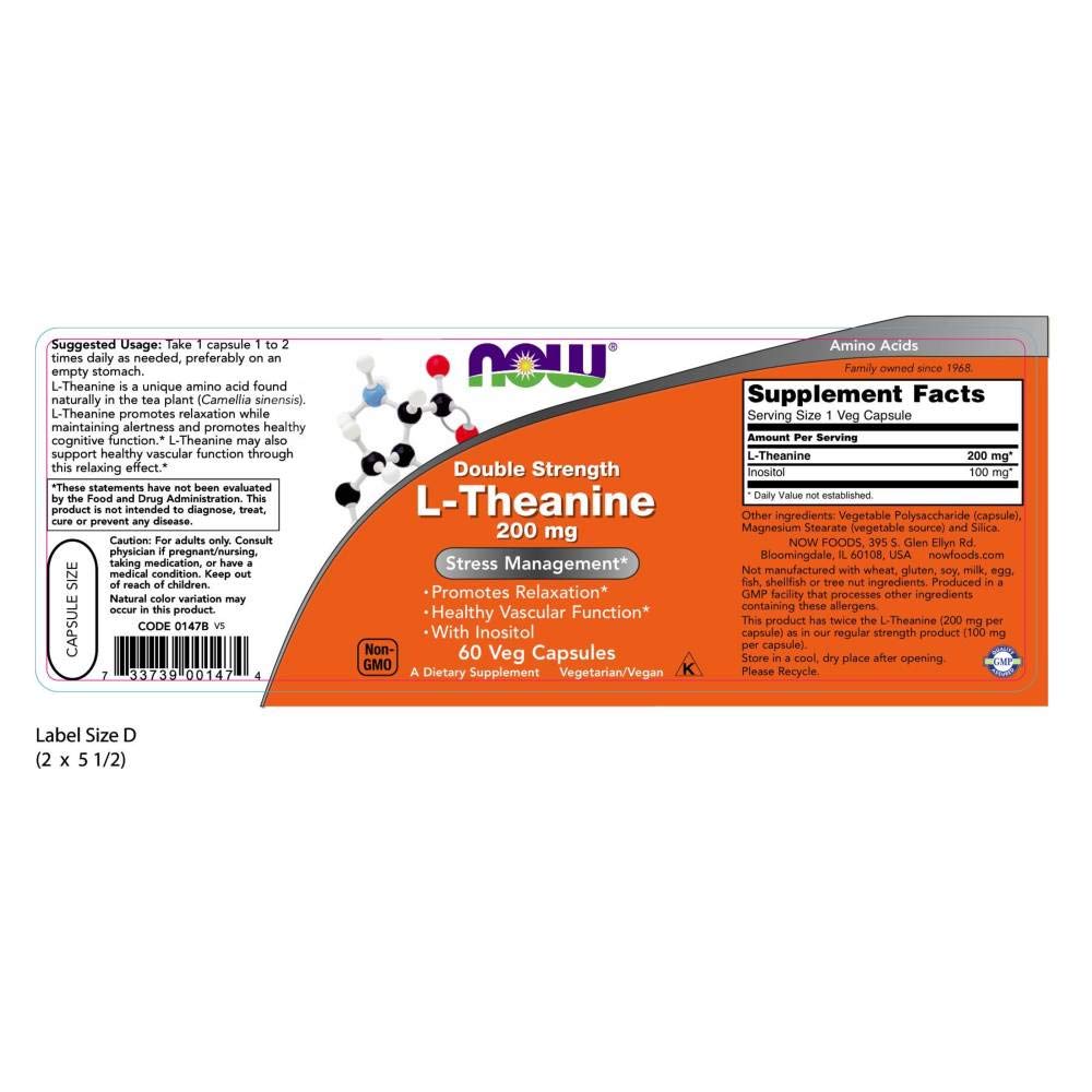NOW Foods L-Teanina, cápsulas vegetales, opción relajante para días ocupados.