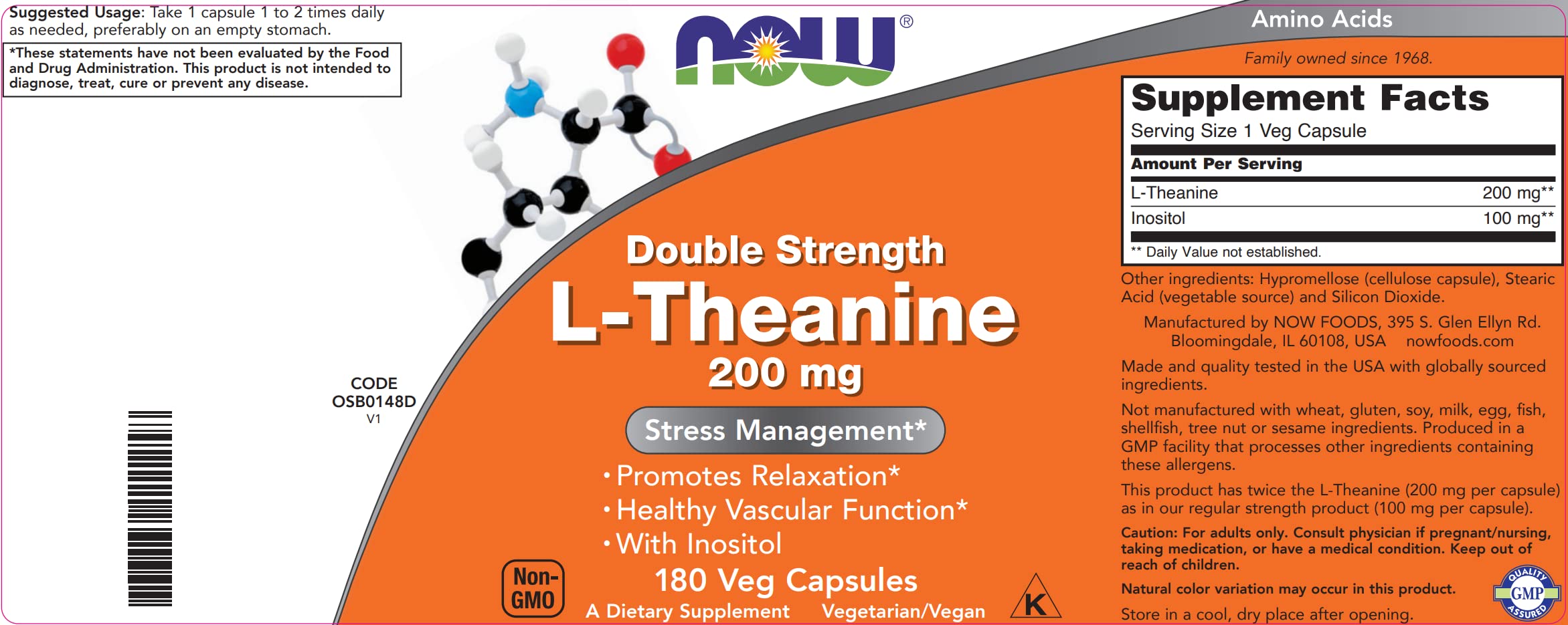 NOW Foods L-Theanine 200 mg dosis diaria para rutina estable