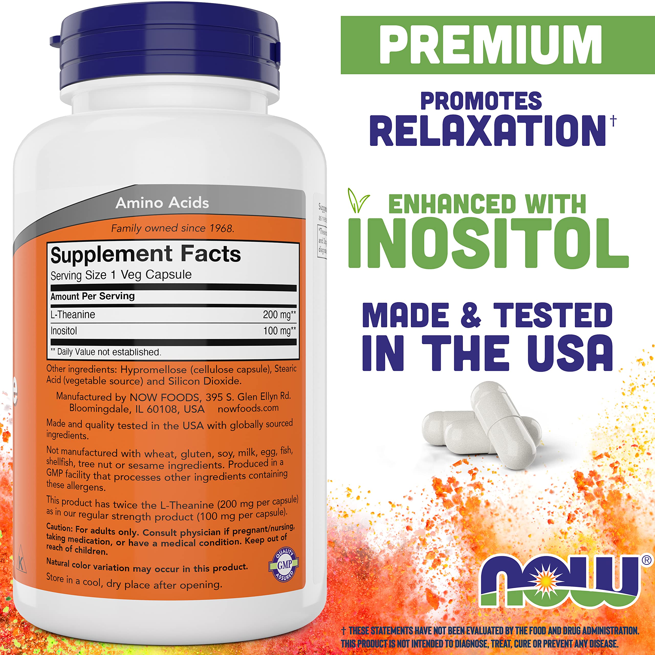 NOW Foods L-Theanine 200 mg frente a botella, calma sin somnolencia