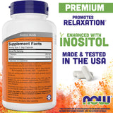 NOW Foods L-Theanine 200 mg frente a botella, calma sin somnolencia