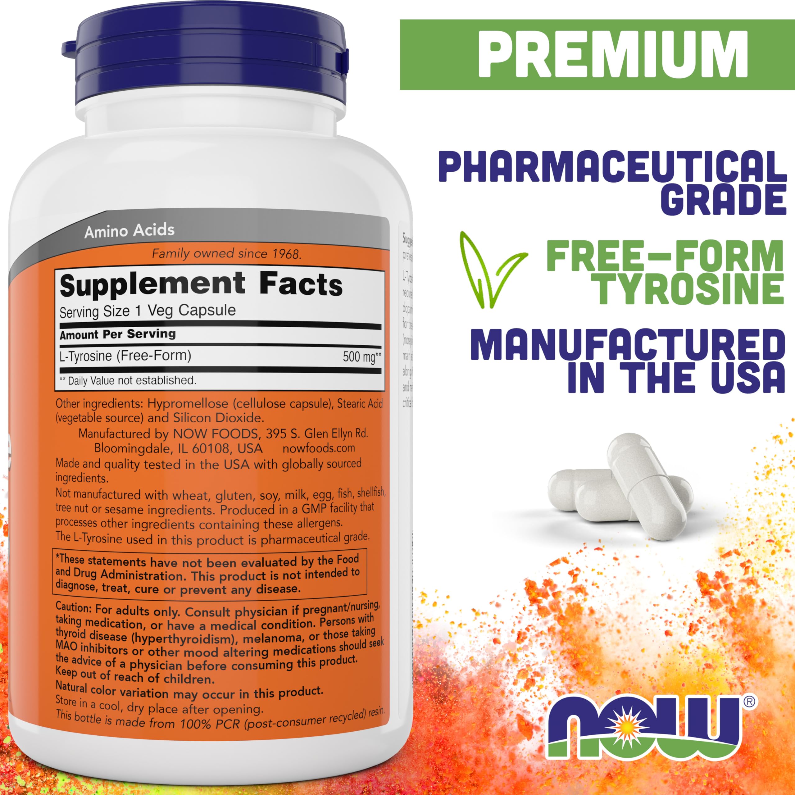 NOW Foods L-Tirosina 500 mg, cápsulas 300 unidades: fuente de aminoácido clave