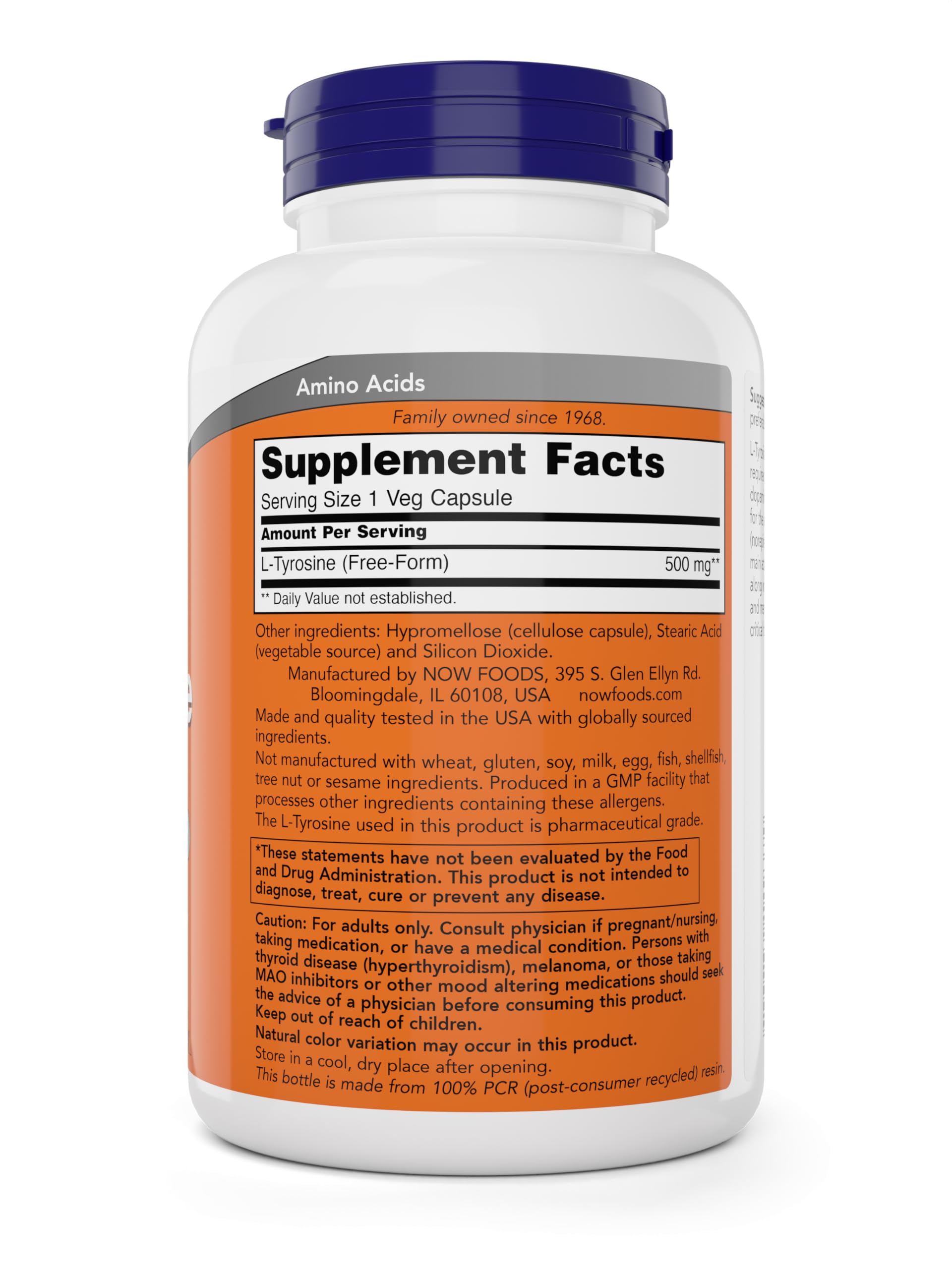Cápsulas NOW Foods L-Tyrosine 500 mg para uso diario cómodo.