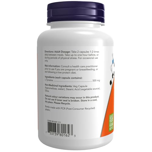 NOW Foods L-Tirosina 500 mg, cápsulas, uso diario para claridad mental.