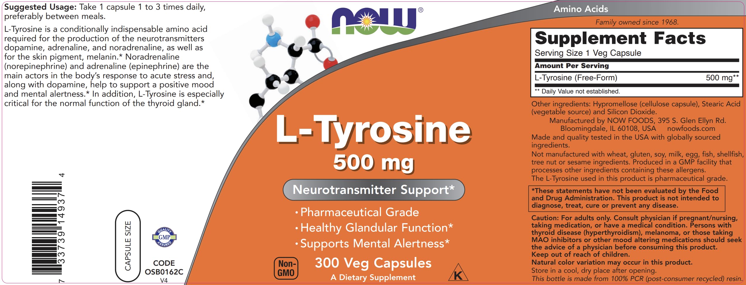 NOW Foods L-Tirosina 500 mg, envase 100% PCR: opción sostenible