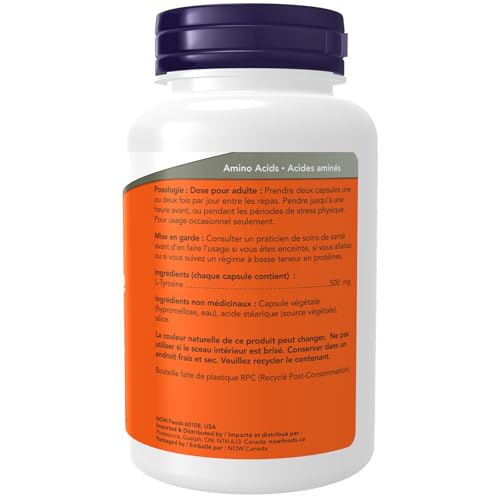 NOW Foods L-Tirosina 500 mg, etiqueta frontal, referencia rápida para elegir este suplemento.