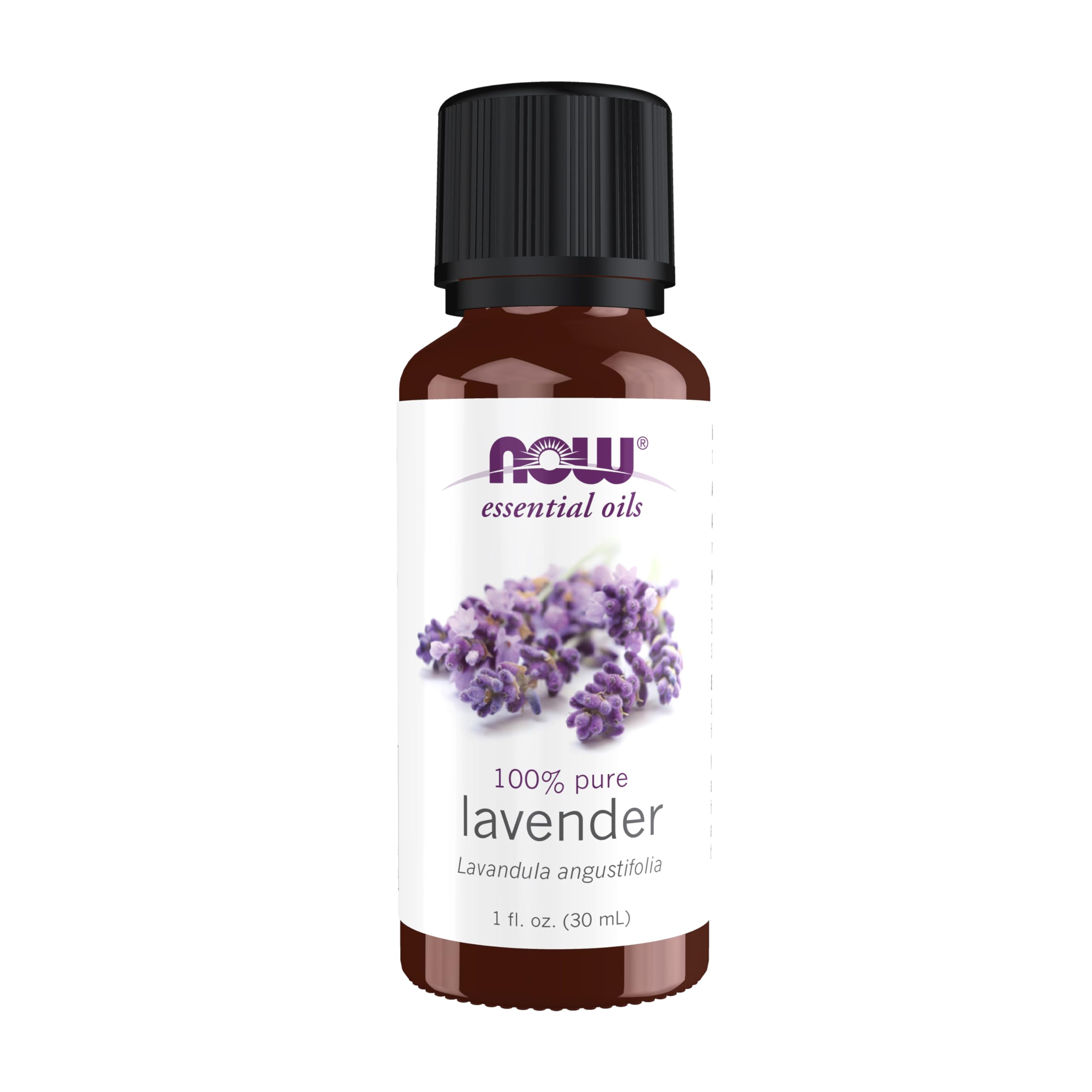 NOW Foods Lavanda: aceite esencial puro en frasco de 1 onza para relajación aromática.