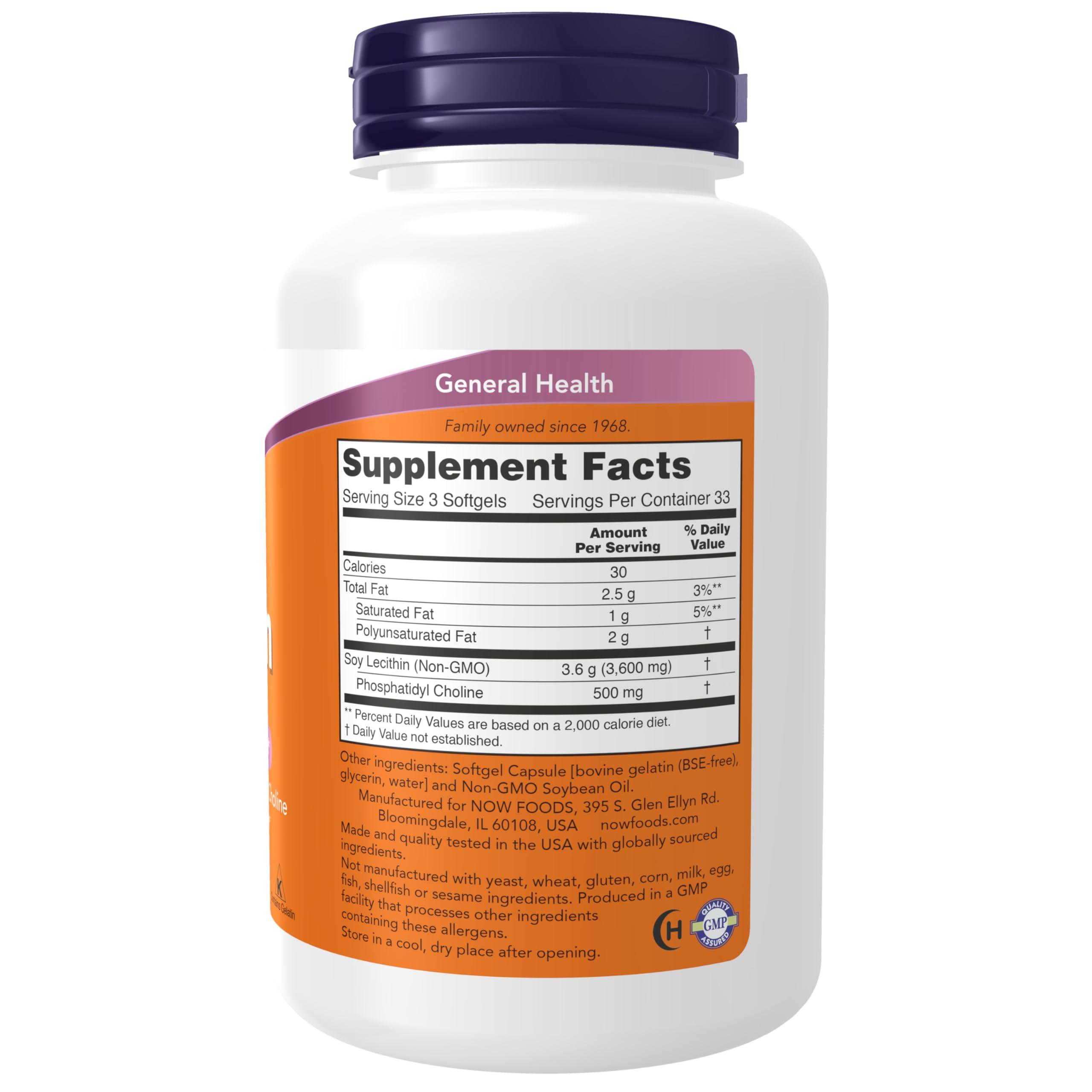 NOW Foods Lecitina 1200 mg - etiqueta clara con información de ingredientes
