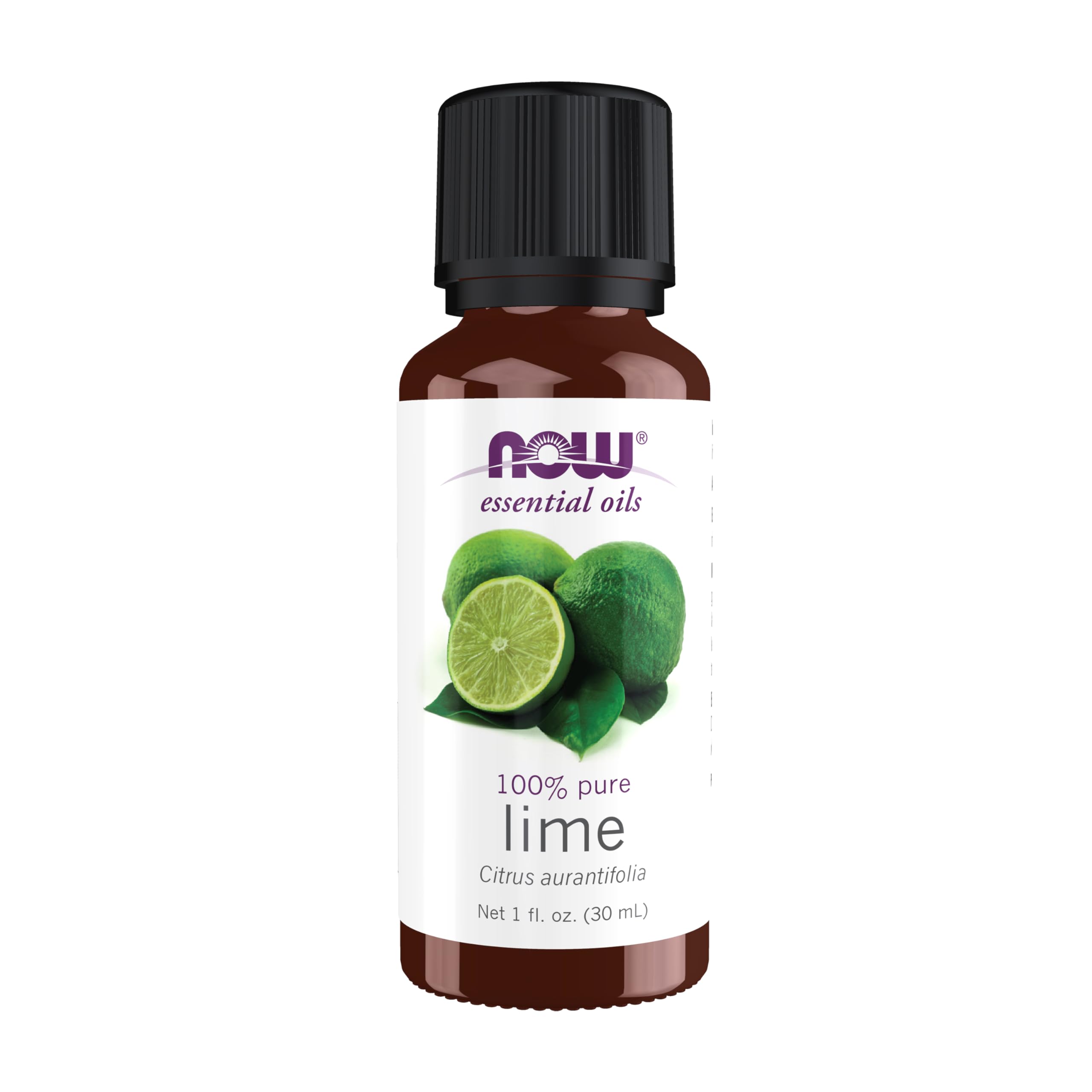 NOW Foods Lima: botella de aceite esencial con aroma cítrico para revitalizar el ambiente.