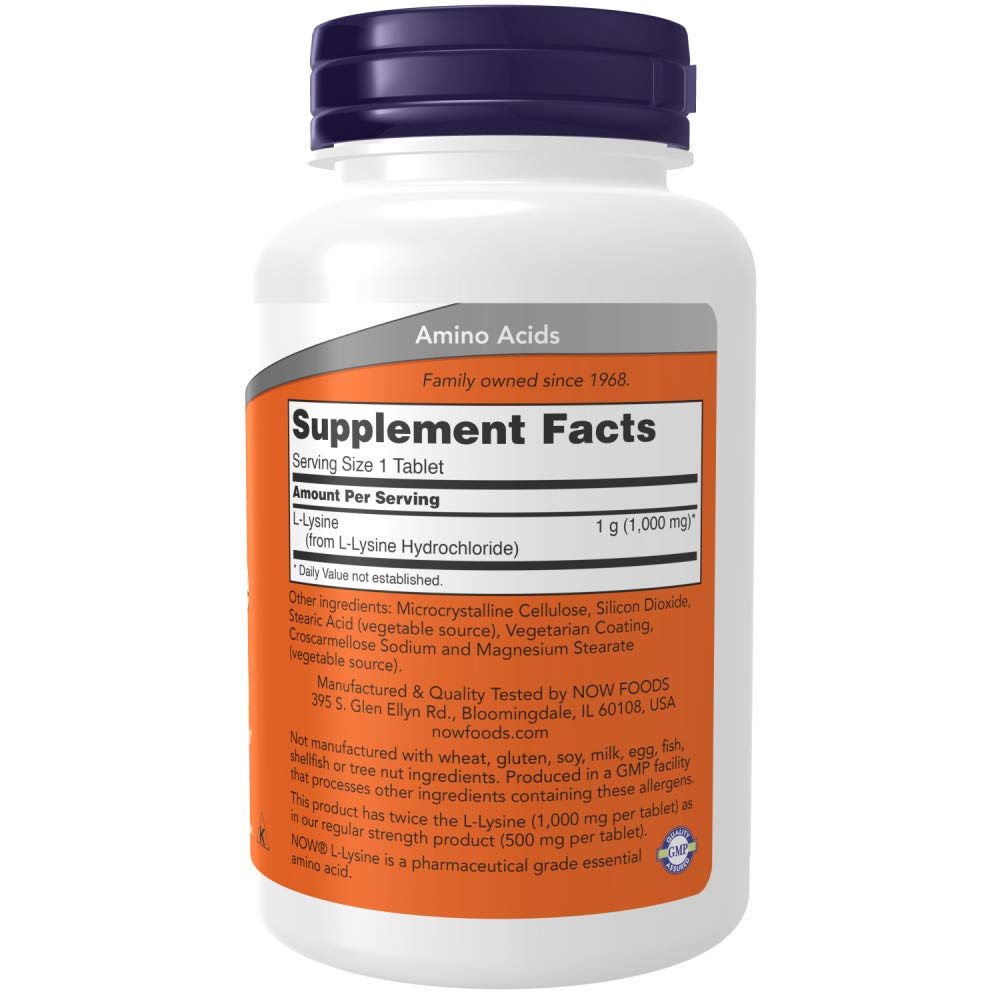 NOW Foods lisina 1000mg: frasco con 100 tabletas de fórmula vegana