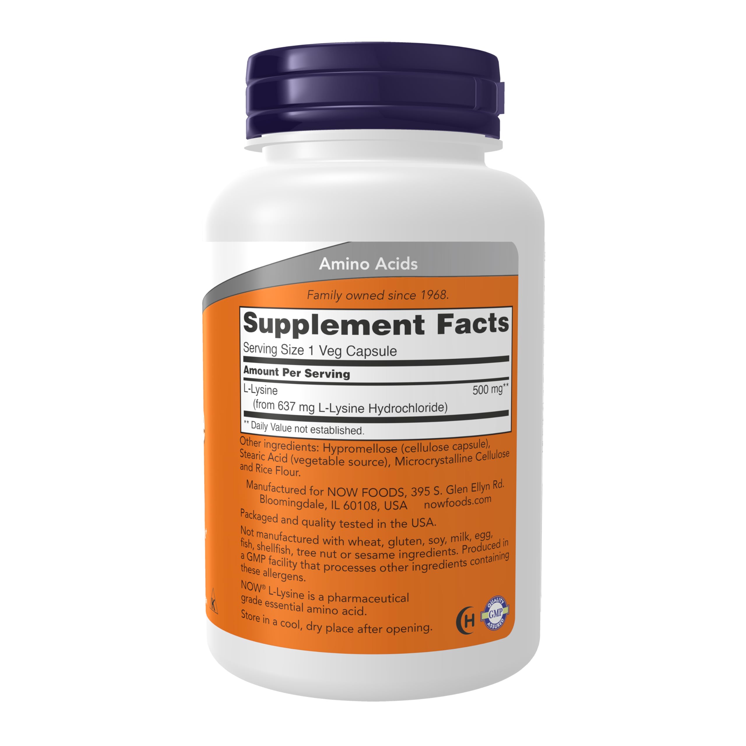 NOW Foods Lisina 500 mg, etiqueta del producto, detalles de la formulación y beneficios.