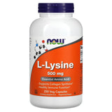 NOW Foods Lisina L 500 mg, etiqueta frontal, información clara para dosis.