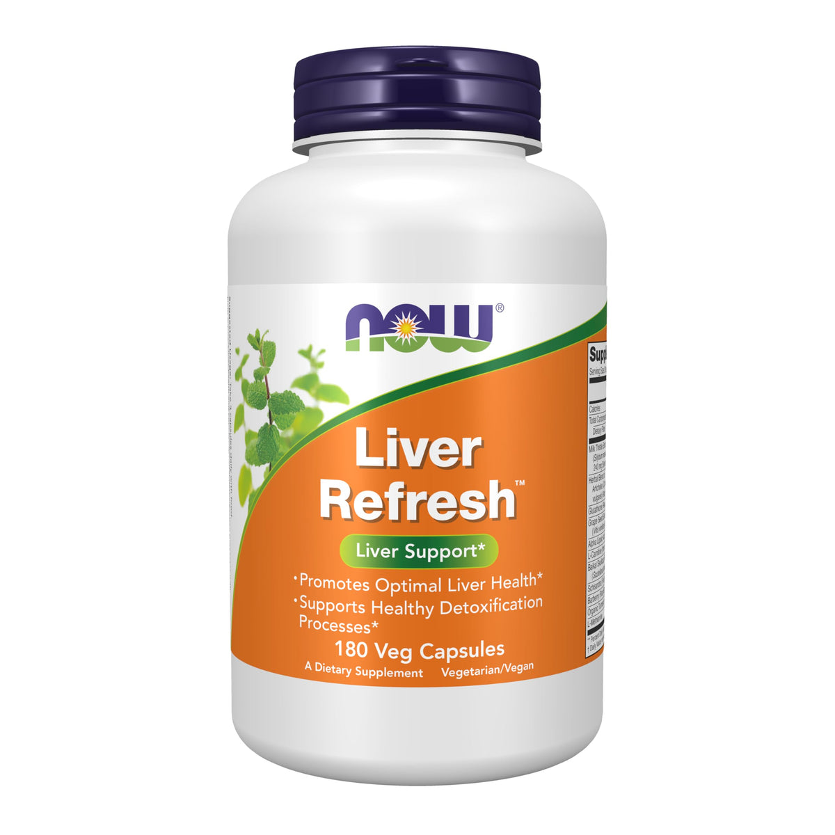 NOW Foods Liver Refresh: botella de cápsulas en encimera, posible apoyo a la salud hepática.
