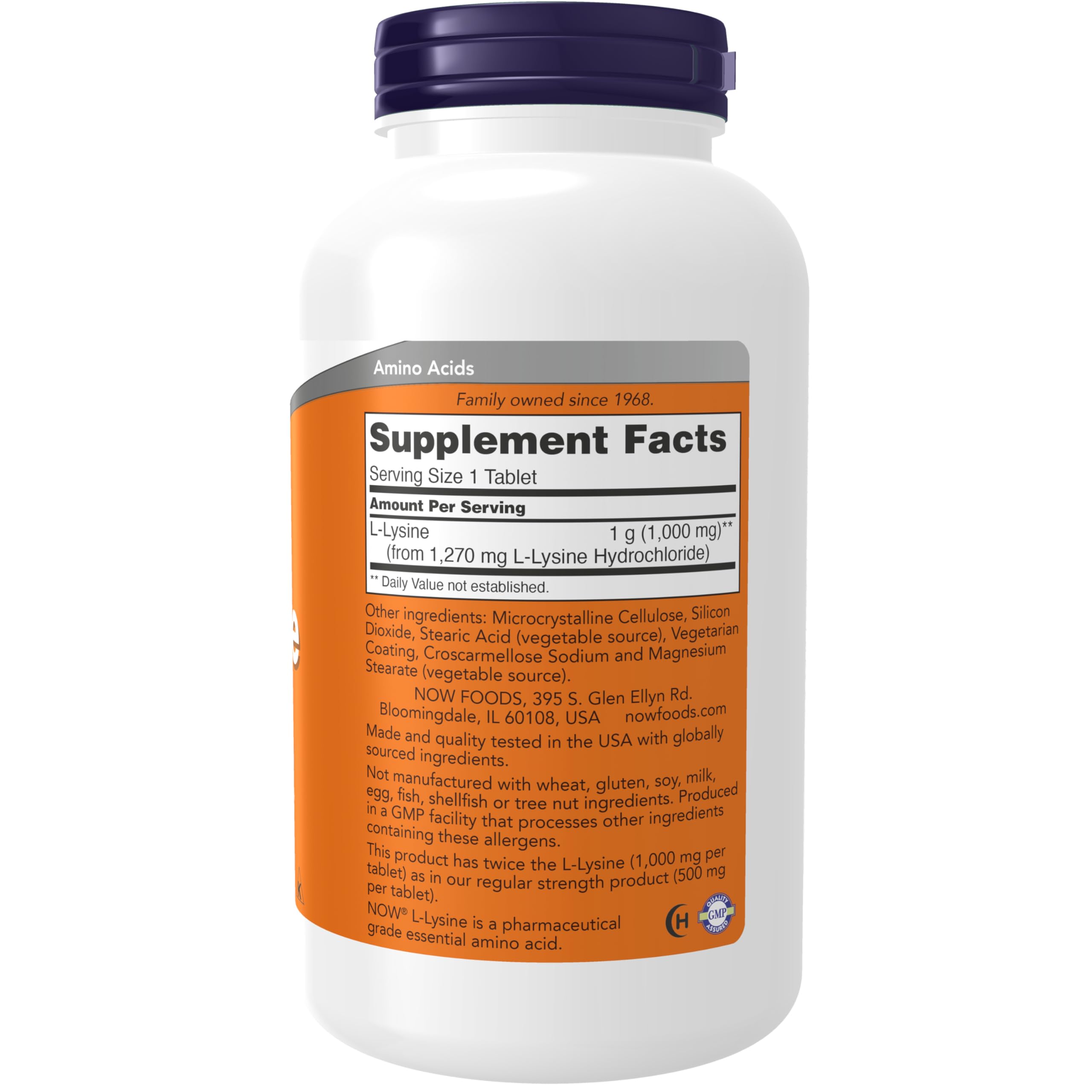 NOW Foods L-Lisina tabletas etiqueta, destacando uso diario y beneficios para la piel