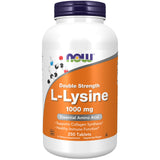 NOW Foods L-Lisina tabletas frente, muestra dosis de 1000 mg para apoyo a la síntesis de proteínas