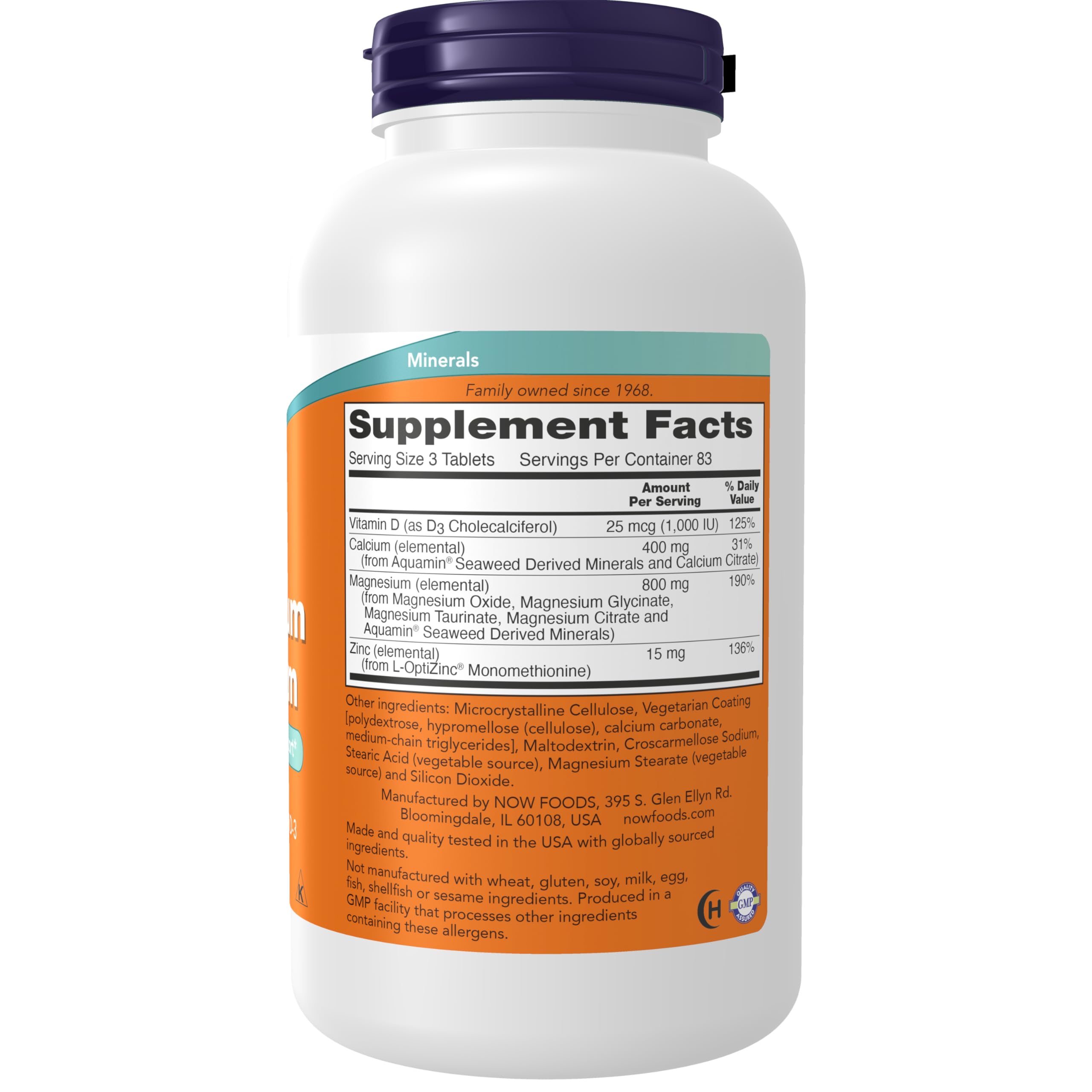 NOW Foods botella y etiqueta, zinc y vitamina D-3 para la salud ósea.