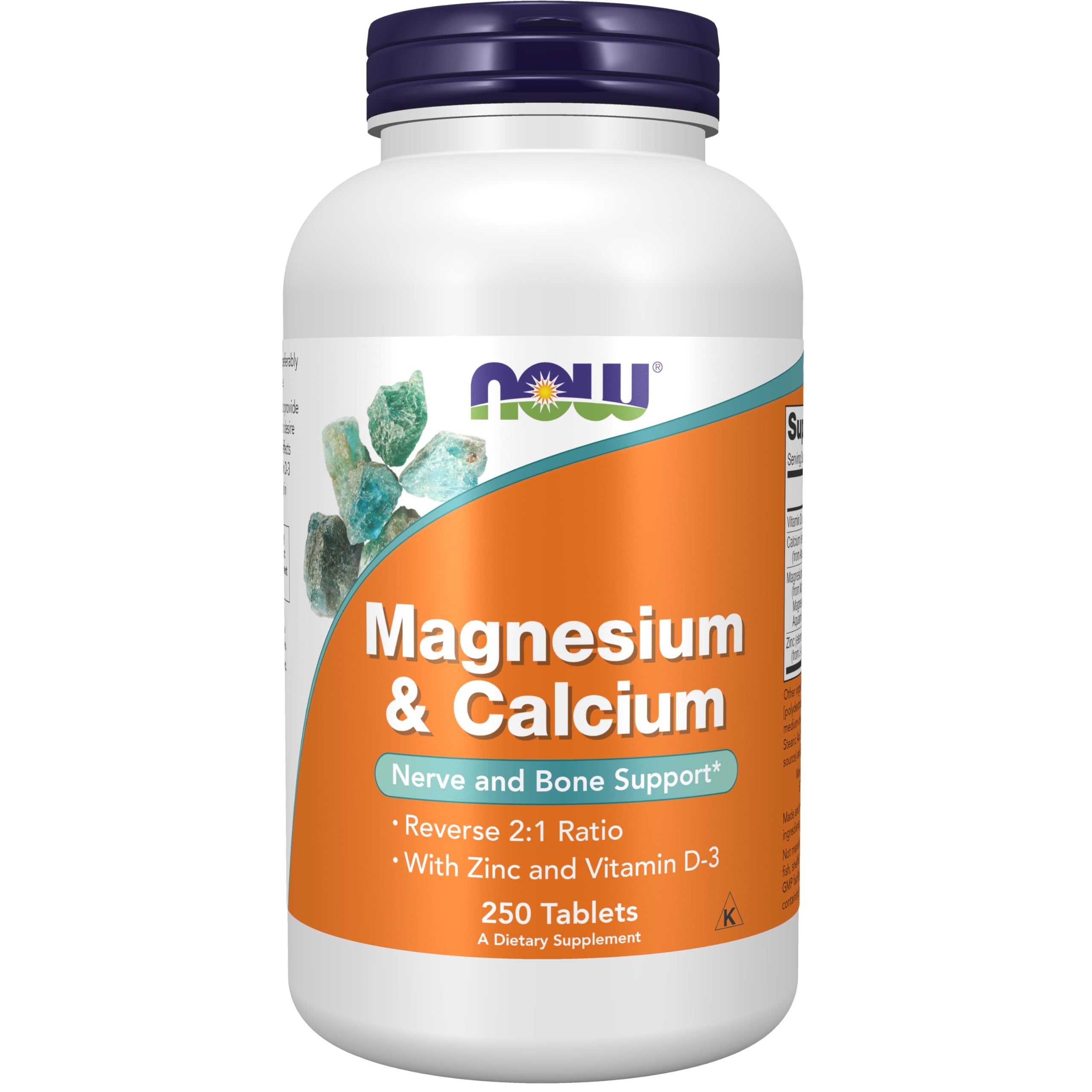 NOW Foods magnesio-calcio-tabletas, vista frontal, posible soporte nervioso y muscular.