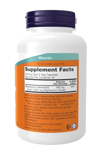 NOW Foods Magnesio Citrato, cápsulas veganas para bienestar general.