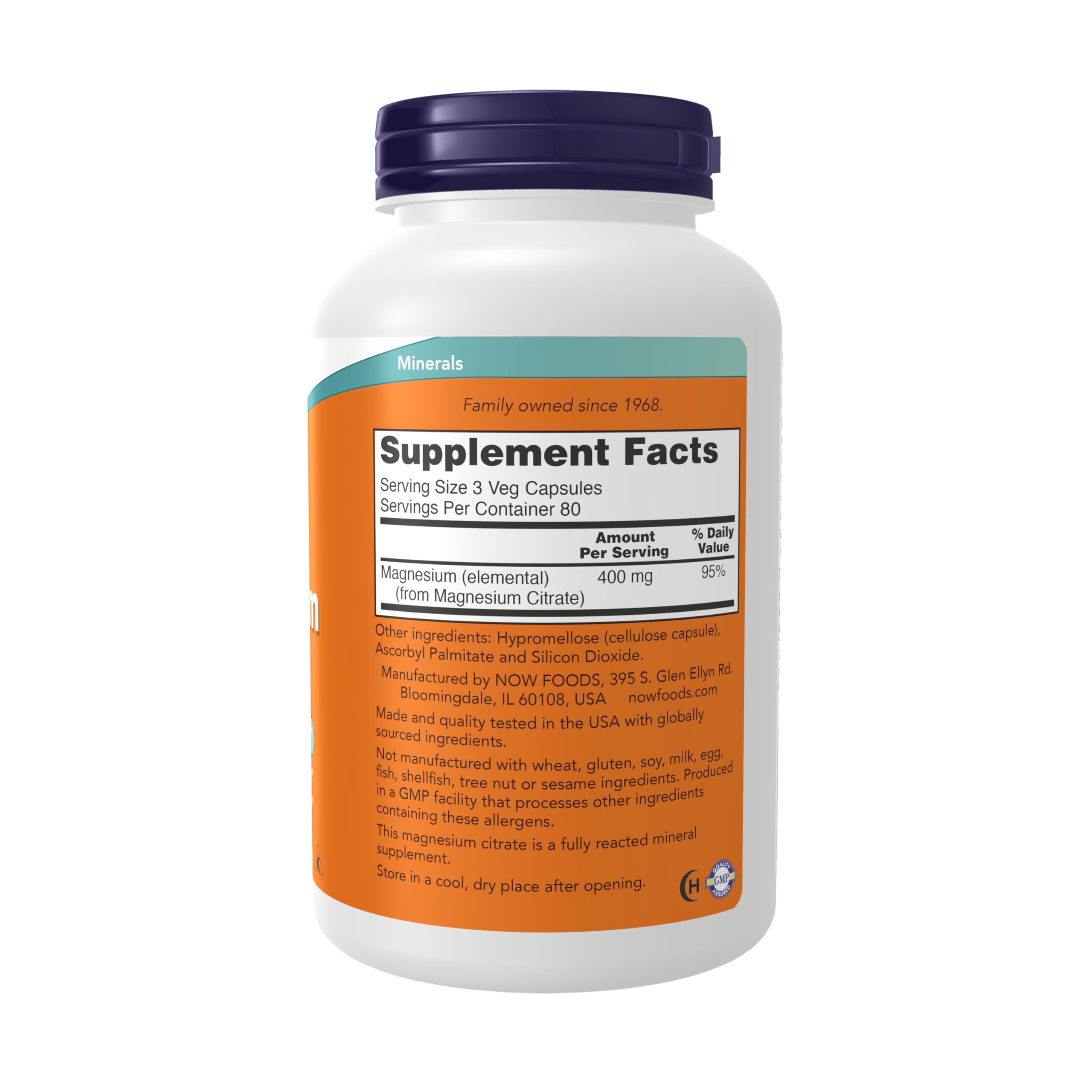 Etiqueta NOW Foods Magnesio Citrato con certificaciones Kosher y Vegano.