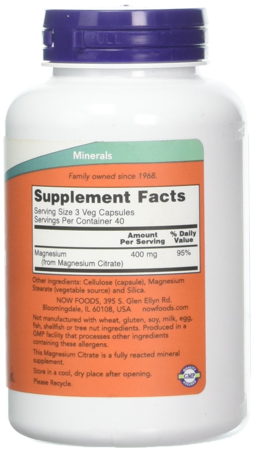 NOW Foods Magnesium Citrate Caps, etiqueta legible con información de ingredientes.