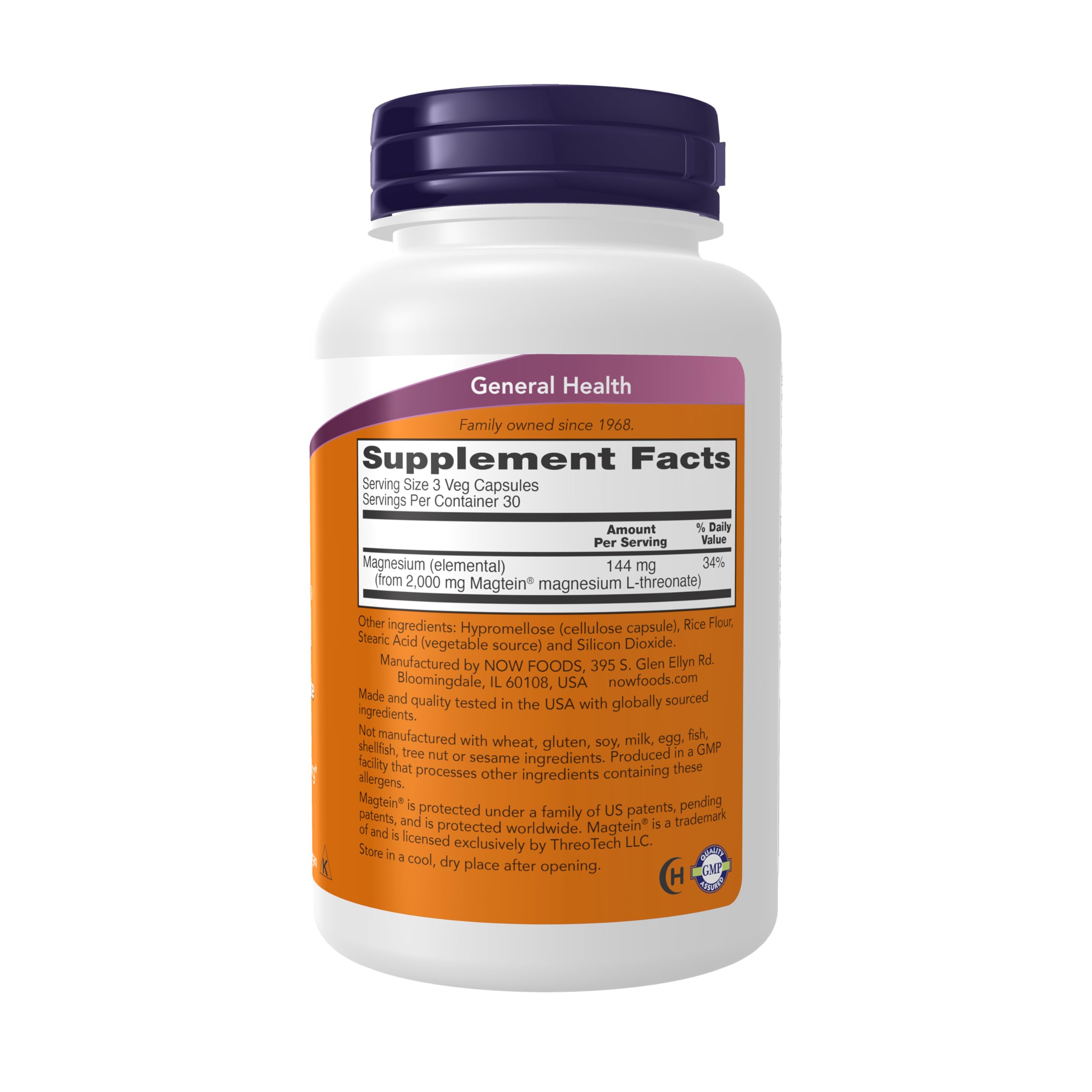 NOW Foods Magtein, etiqueta trasera, forma patentada favorece absorción